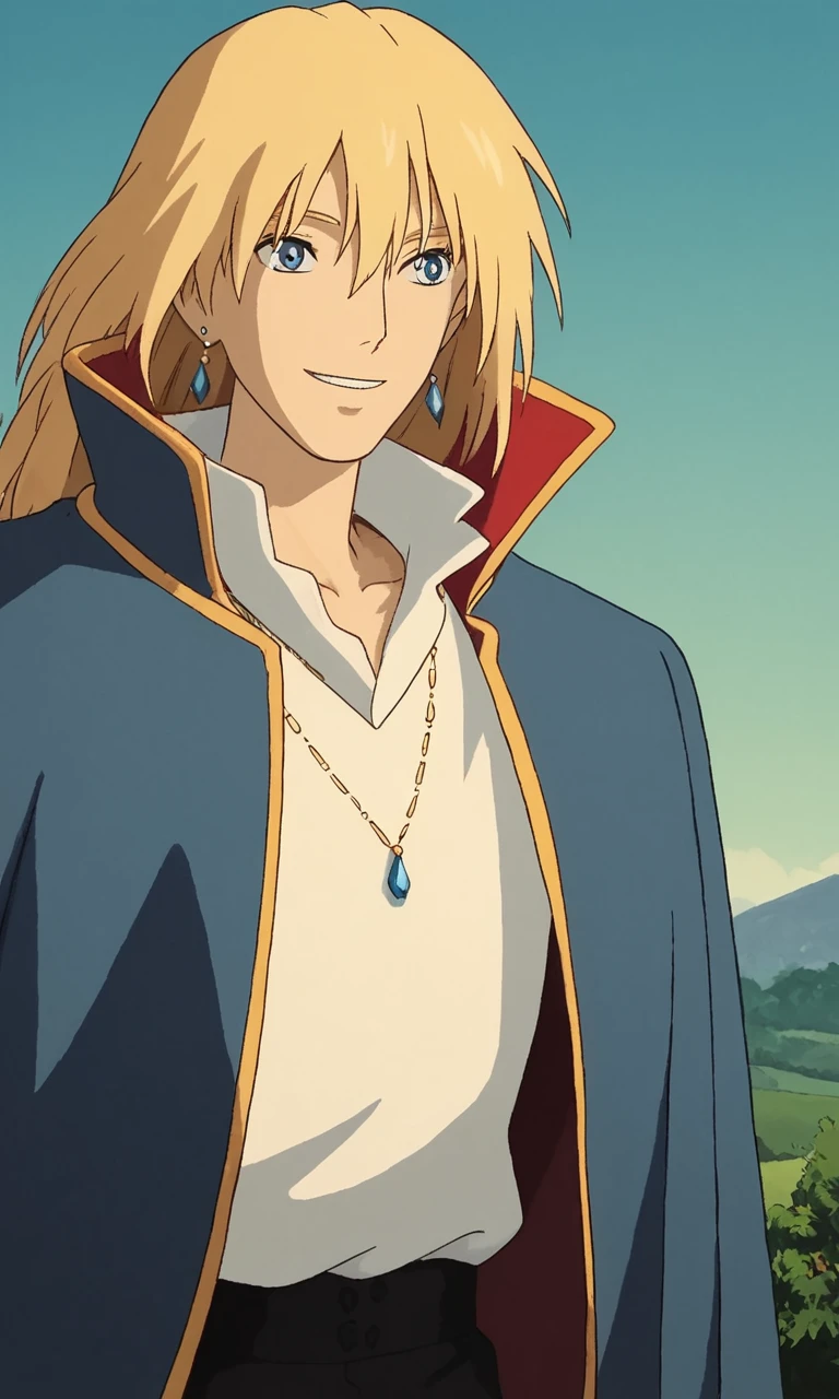 score_9, score_8_up, score_7_up, source_anime, anime illustration, masterpiece, best quality, lots of details, sky, volumetric lighting, BREAK
howljenkinspendragon, 1boy, male focus, jewelry, solo, blonde hair, earrings, necklace, jacket on shoulders, smile, blue eyes, shirt, ring, jacket, white shirt