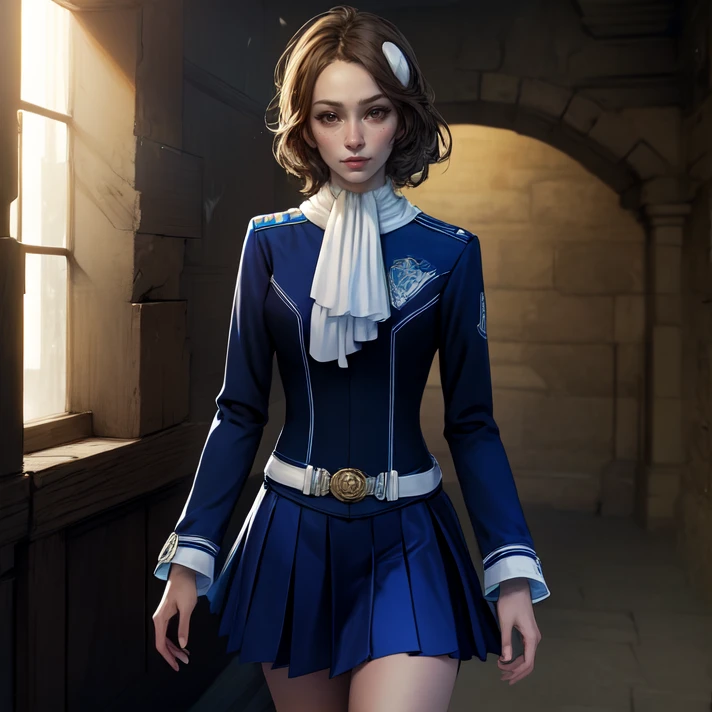 solo, cowboy shot, <lora:yokoTachibana:0.8> yoko_tachibana, brown hair, short hair, hair ornament, brown eyes, scarf, ascot, white scarf, uniform, blue uniform, long sleeves, bracelet, belt, skirt, blue skirt, miniskirt, pleated skirt, knee boots, indoors, standing, masterpiece, best quality, absurdres, highres, 4k, ray tracing, perfect face, perfect eyes, intricate details, highly detailed