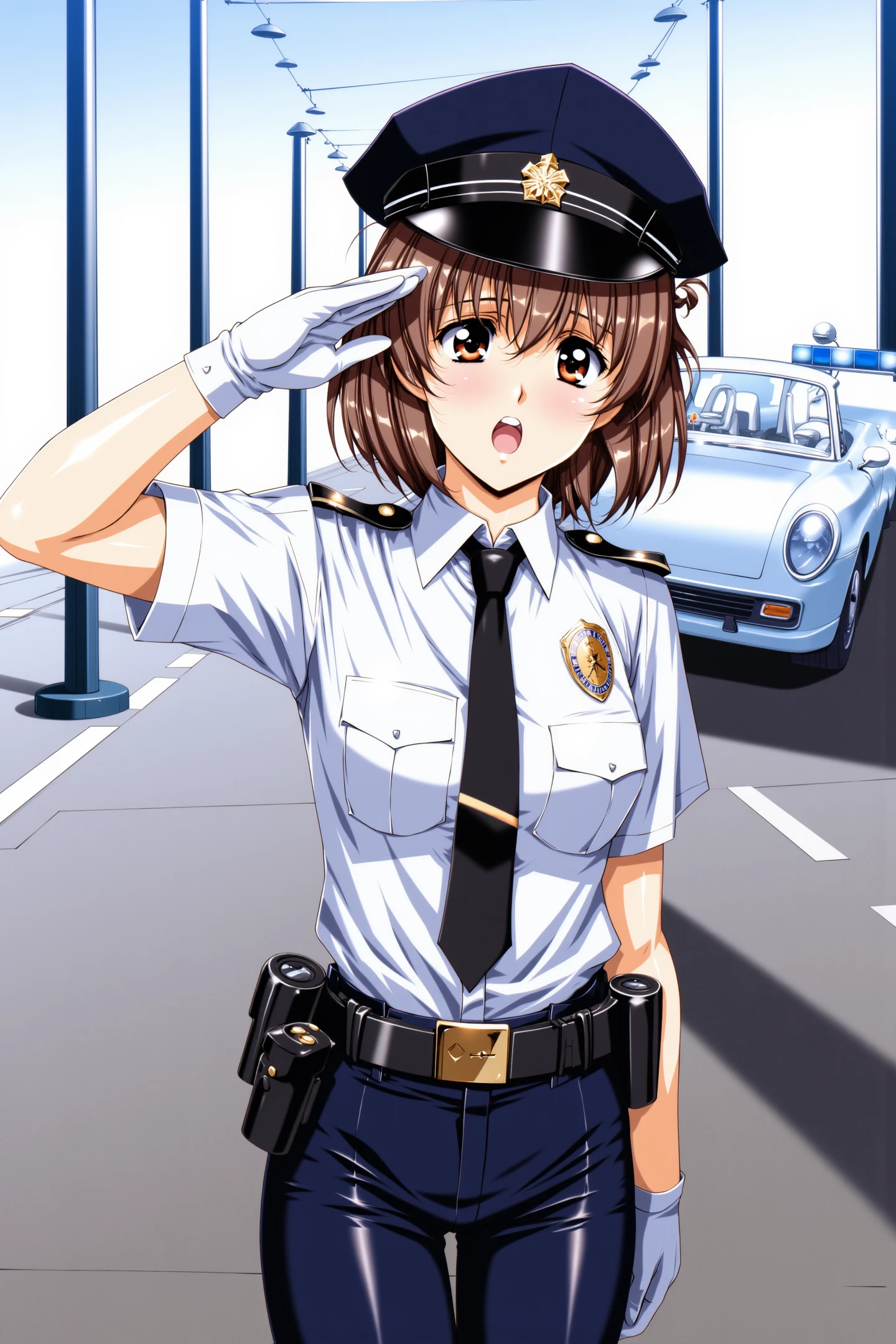 1girl,police uniform,police,policewoman,solo,ground vehicle,car,gloves,brown hair,pants,salute,short hair,police hat,open mouth,brown eyes,necktie,shirt,white gloves,blush,medium breasts,
<lora:Urushihara Satoshi_FLUX:1>,