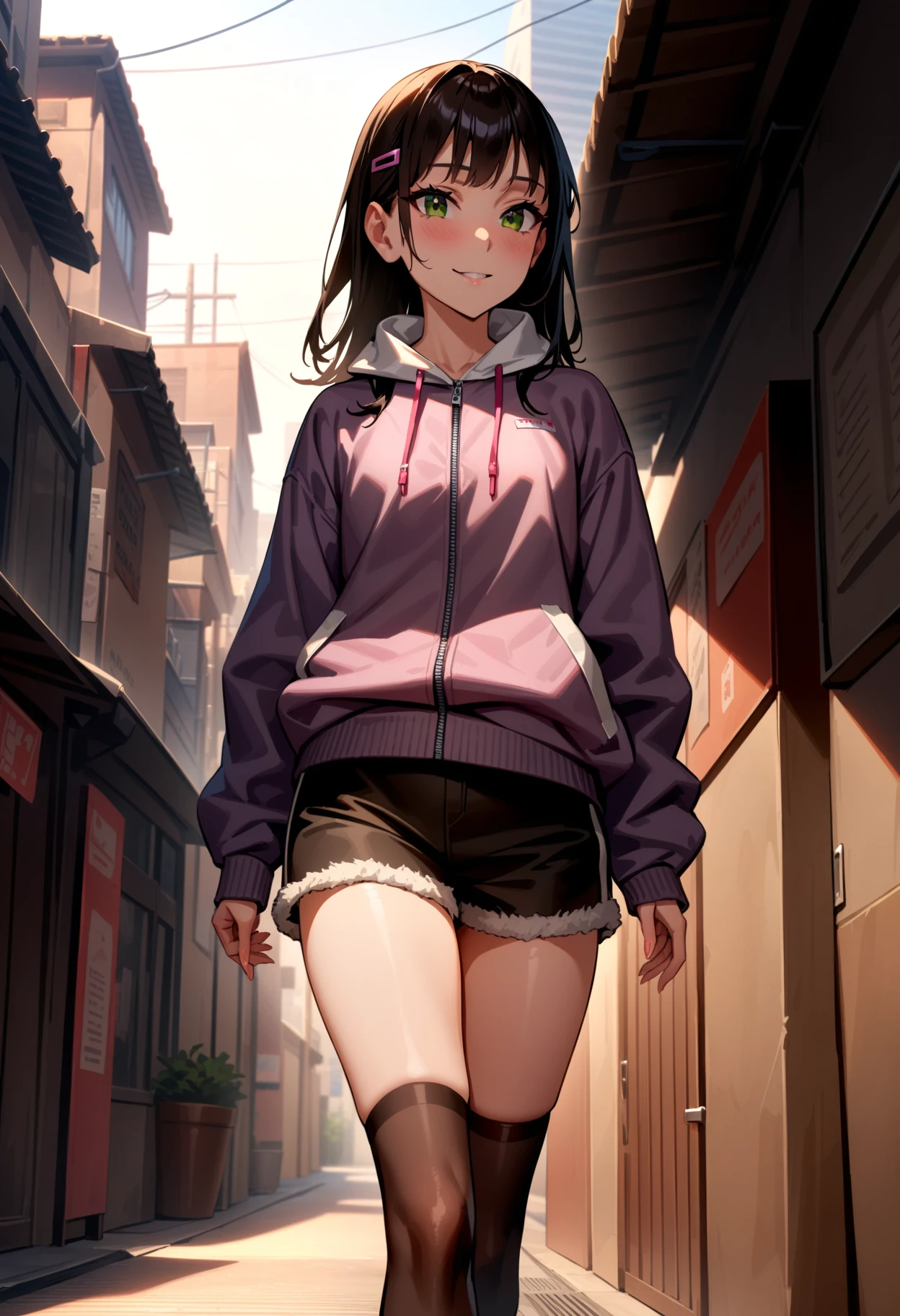 masterpiece,best quality,very aesthetic,absurdres,
1girl,solo,
<lora:Shoujo_v1:1>,shoujo01,long sleeves,jacket,shorts,hairclip,black_thighhighs,sneakers,<lora:Fixhands_anime_bdsqlsz_V1:1>,
cowboy_shot,blush,light_blush,looking_at_viewer,walking,profile,city,downtown,day,smile,, masterpiece,best quality, very aesthetic, absurdres, ultra detailed, high resolution, 4k, extremely detailed CG,