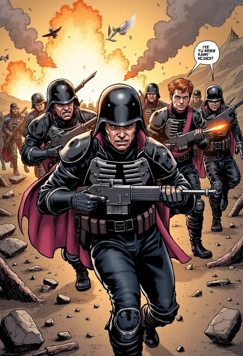 In a comic book style, picture Imperial Guard soldiers charging forward with their lasguns, bayonets fixed, as they storm an enemy trench. Their faces are drawn with fierce intensity, the energy beams from their rifles trailing behind them. Exaggerated motion lines show the speed of their advance, while the enemy reels in shock. The background is filled with explosions and debris flying in every direction as the charge gains momentum.