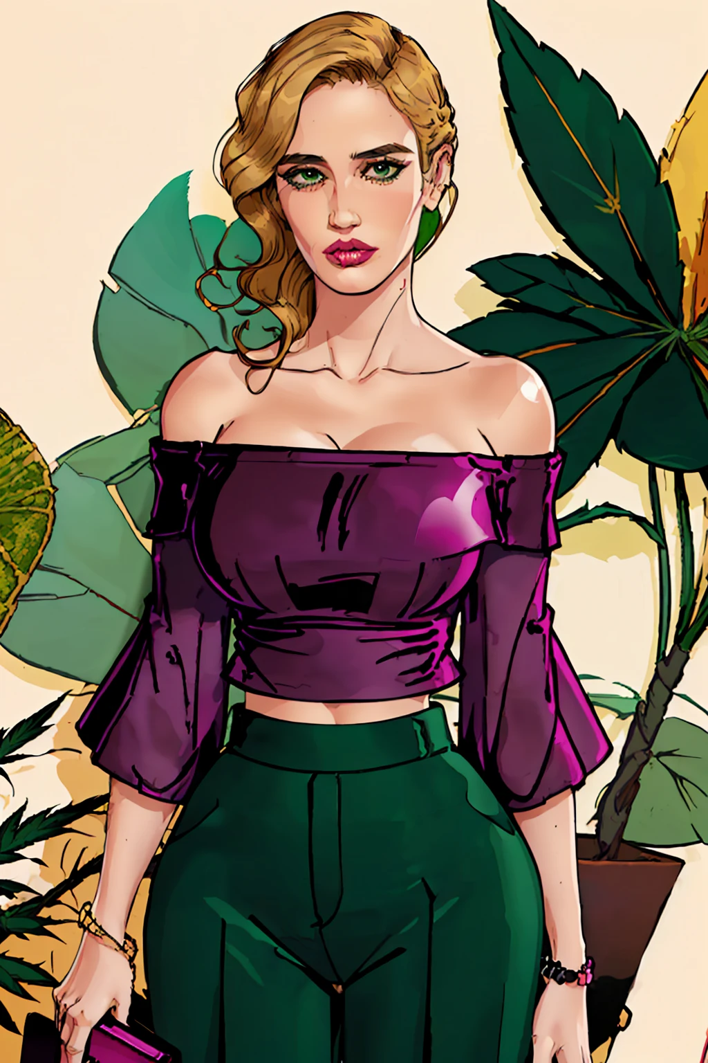 <lora:eva_green:1> 3v4gr33n, woman, cartoonish style, flat color style, ((ultra detailed, glossy, smooth)), green cannabis leaves,covered in plants,dark green clothes,honey blonde clothes,hot pink clothes ,(Off-the-shoulder_blouse:1.4),(Wide-leg_cropped_pants:1.3),(Woven_handbag:1.2)