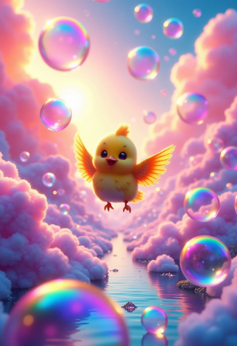 A cheerful bird flutters between glowing dream bubbles suspended in a sky of cotton candy clouds. The bubbles reflect a vibrant landscape of rainbows and floating islands.