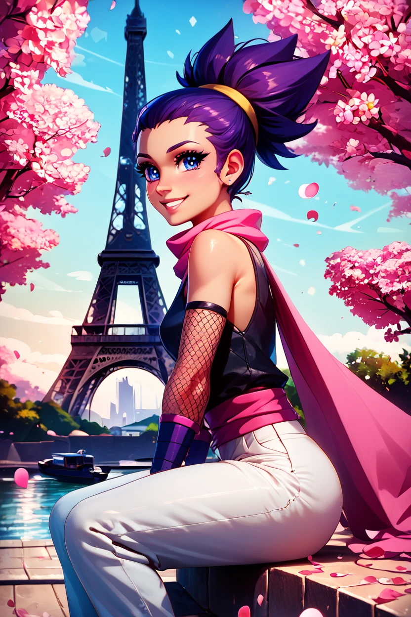 score_9, score_8_up, score_8, medium breasts, (curvy), cute, eyelashes,       BREAK, , zzJanine, solo, 1girl, pink scarf, pants, ninja, fishnets sleeves,  <lora:Janine_Pokemon_PDXL_Citron:0.8>, , BREAK,  zzEiffelTower in background, sitting, watercraft, boat, sitting on wall, side view, looking at viewer, smile,  BREAK, blooming stars, luminescent petals, otherworldly fragrance blurry background, embedding:zPDXL, Expressiveh, <lora:EiffelTowerPDXL:1.0>,  <lora:CatalystStylePDXL:0.6>,  <lora:SDXLFaeTastic2400:0.5>,  <lora:Expressive_H-000001:0.4>,