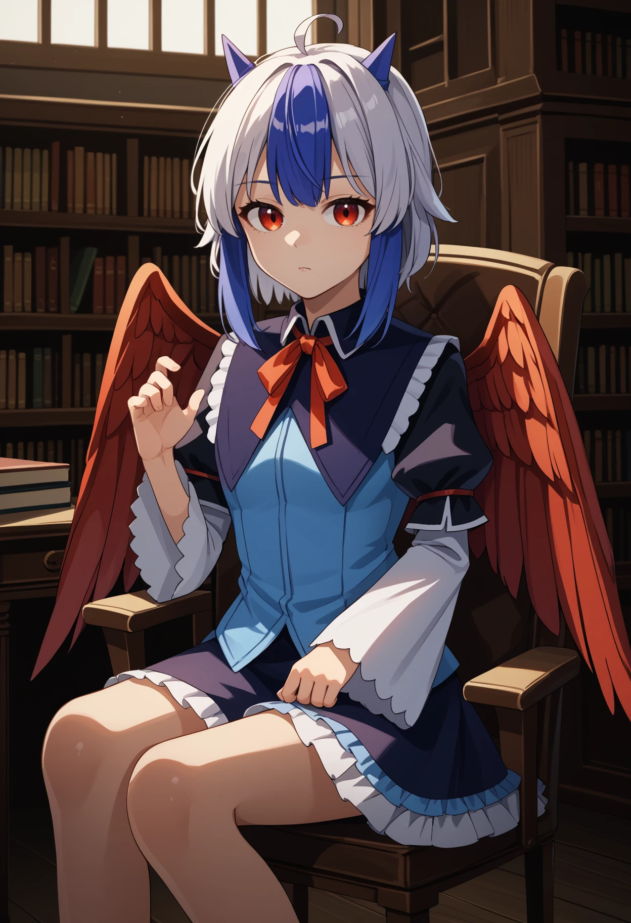 score_9, score_8_up, score_7_up, source_anime, <break> solo, 1girl, t0kiko, red wings, bird wings, feathered wings, expressionless, looking at you, sitting, chair, ahoge, horns, single head wing, black capelet, blue vest, neck ribbon, red ribbon, short over long sleeves, wide sleeves, puffy sleeves, black skirt, frilled skirt, indoors, library
<segment:yolo-face_yolov8m.pt,0.4,0.5//cid=1>