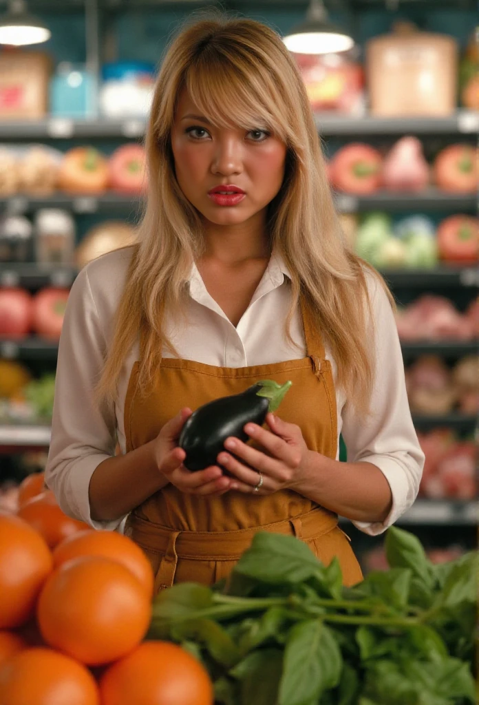 full body Kascha is is a cashier in a grocery store. She is holding eggplant<lora:Kascha:0.9>