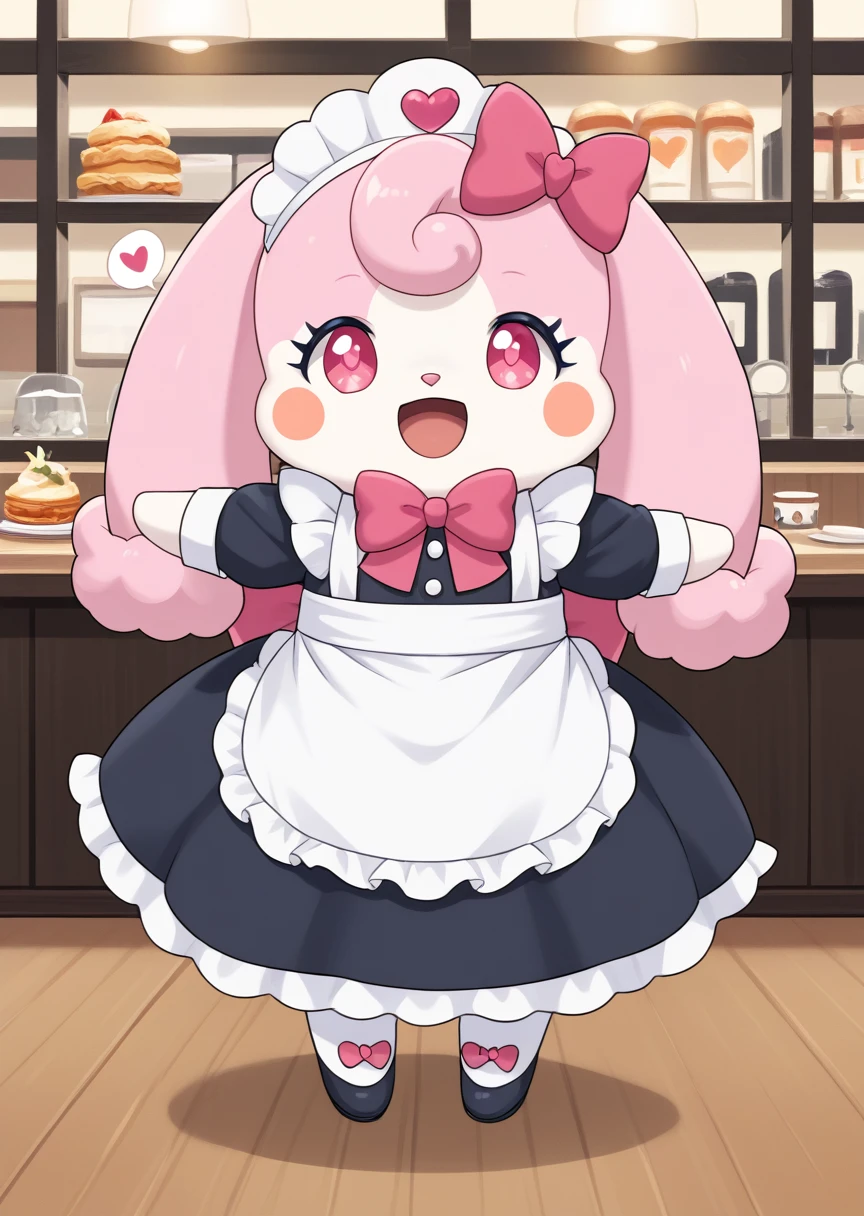 score_9, score_8_up, score_7_up, score_6_up, score_5_up, BREAK
source_anime, source_furry, Melory, solo, smile, open mouth, bow, standing, full body, open eyes, :d, hair bow, heart, no humans, cafe, blush stickers, happy, pink bow, maid dress, maid headdress, dynamic pose, 