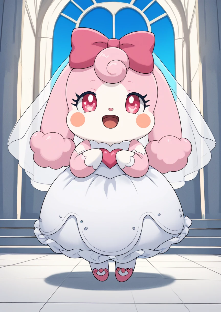 score_9, score_8_up, score_7_up, score_6_up, score_5_up, BREAK
source_anime, source_furry, Melory, solo, smile, open mouth, bow, standing, full body, open eyes, :d, hair bow, heart, no humans, church, blush stickers, happy, pink bow, wedding dress, wedding veil, blushing, 