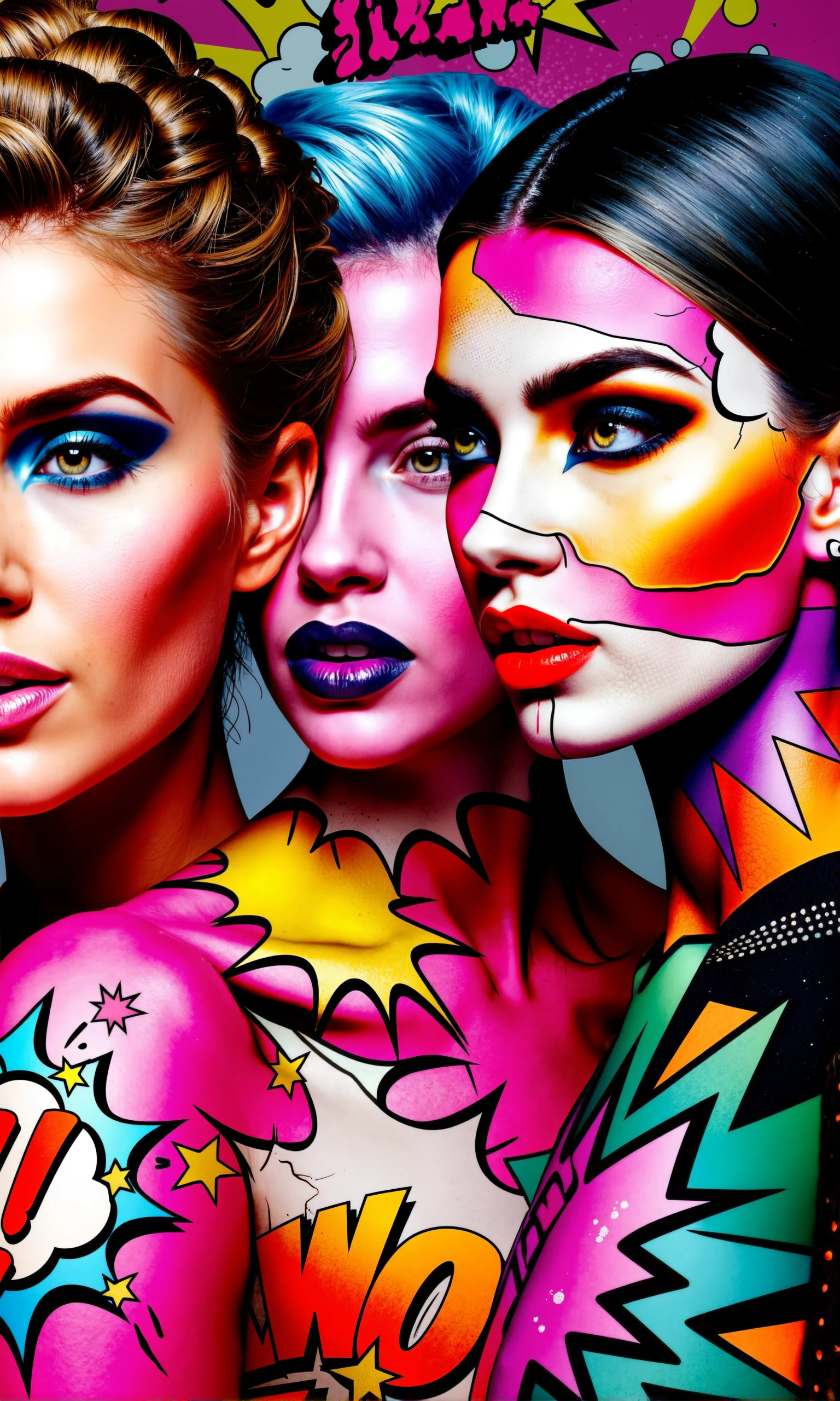 bold and colorful comic book-style portrait of three futuristic women, each with exaggerated, vivid makeup and glossy, reflective skin. The first woman has striking blue eyeshadow and red lips, the second has a gradient of pink and purple eyeshadow with shimmering lipstick, and the third wears bright orange and green makeup with bold pink eyebrows. Their hair is styled in intricate, braided updos, and their faces shine with a glossy, almost plastic-like surface. Background filled with comic-style words like 'WOW!', 'ZAP!', and 'BAM!' in vibrant colors. The image captures their powerful, futuristic beauty, with bold black outlines, dynamic shading, and a pop-art aesthetic.