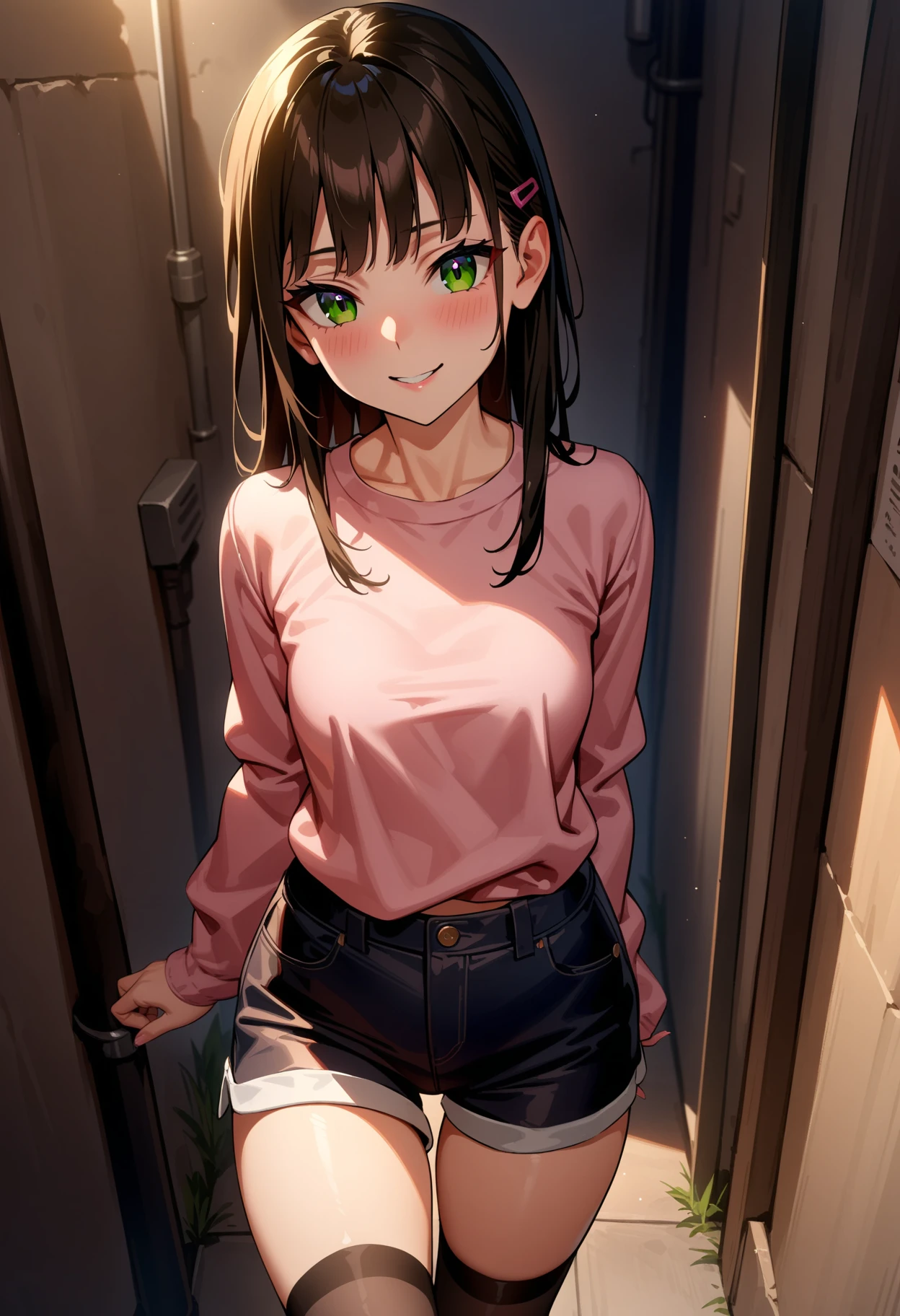 masterpiece,best quality,very aesthetic,absurdres,
1girl,solo,
<lora:Shoujo_v1:1>,shoujo01,long -sleeved blouse,shorts,hairclip,black_thighhighs,sneakers,<lora:Fixhands_anime_bdsqlsz_V1:1>,
back alley,cowboy_shot,kind_smile,blush,light_blush,, masterpiece,best quality, very aesthetic, absurdres, ultra detailed, high resolution, 4k, extremely detailed CG,