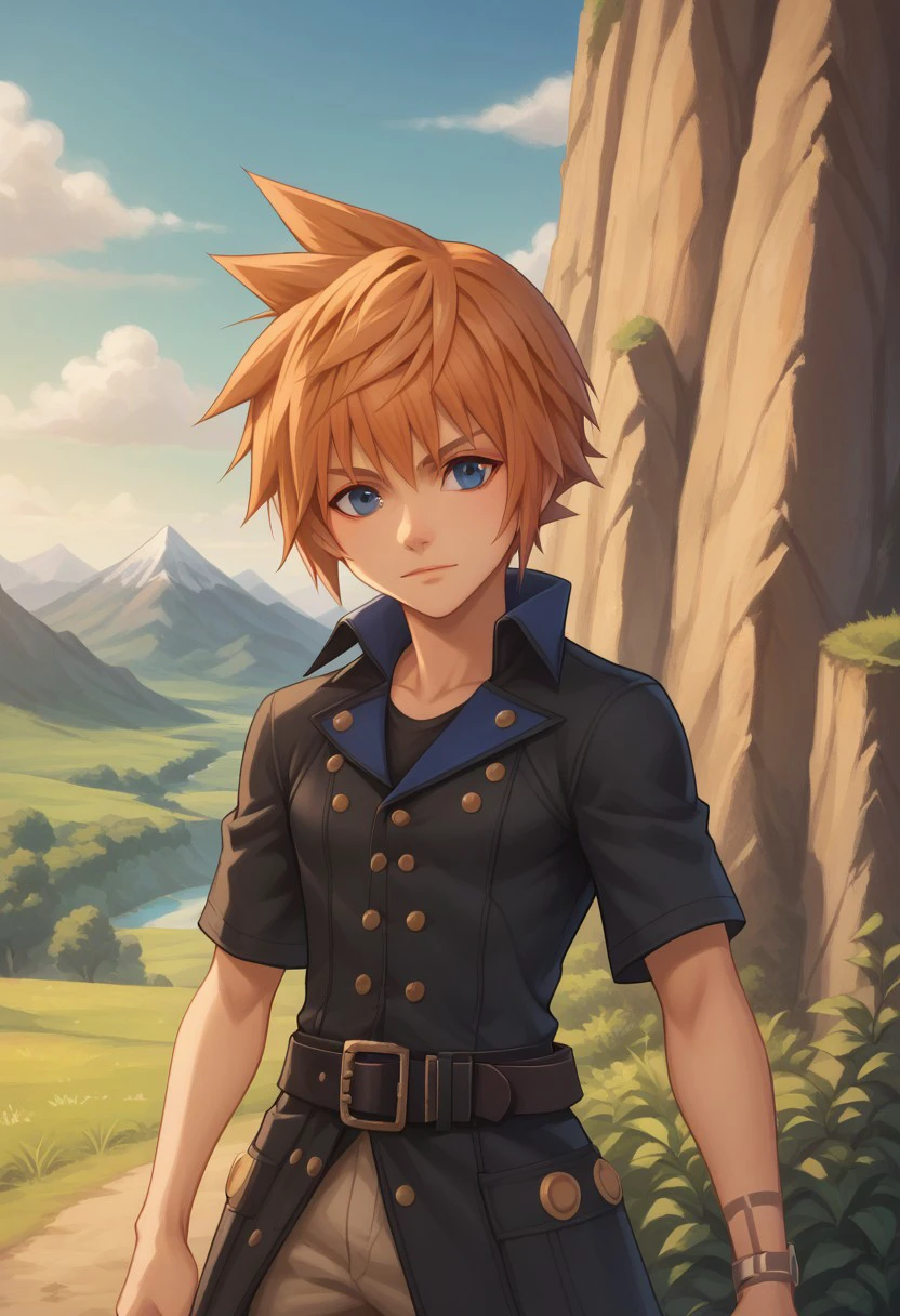 score_9, score_8_up, score_7_up, source_anime, highly detailed, 
lannff, 
solo, 1boy, male focus, spiked hair, blue eyes, belt, orange hair, standing, buttons, coat, pants, short sleeves, buckle, black coat, belt buckle, upper body,
outdoor, sky, mountains, trees, clouds