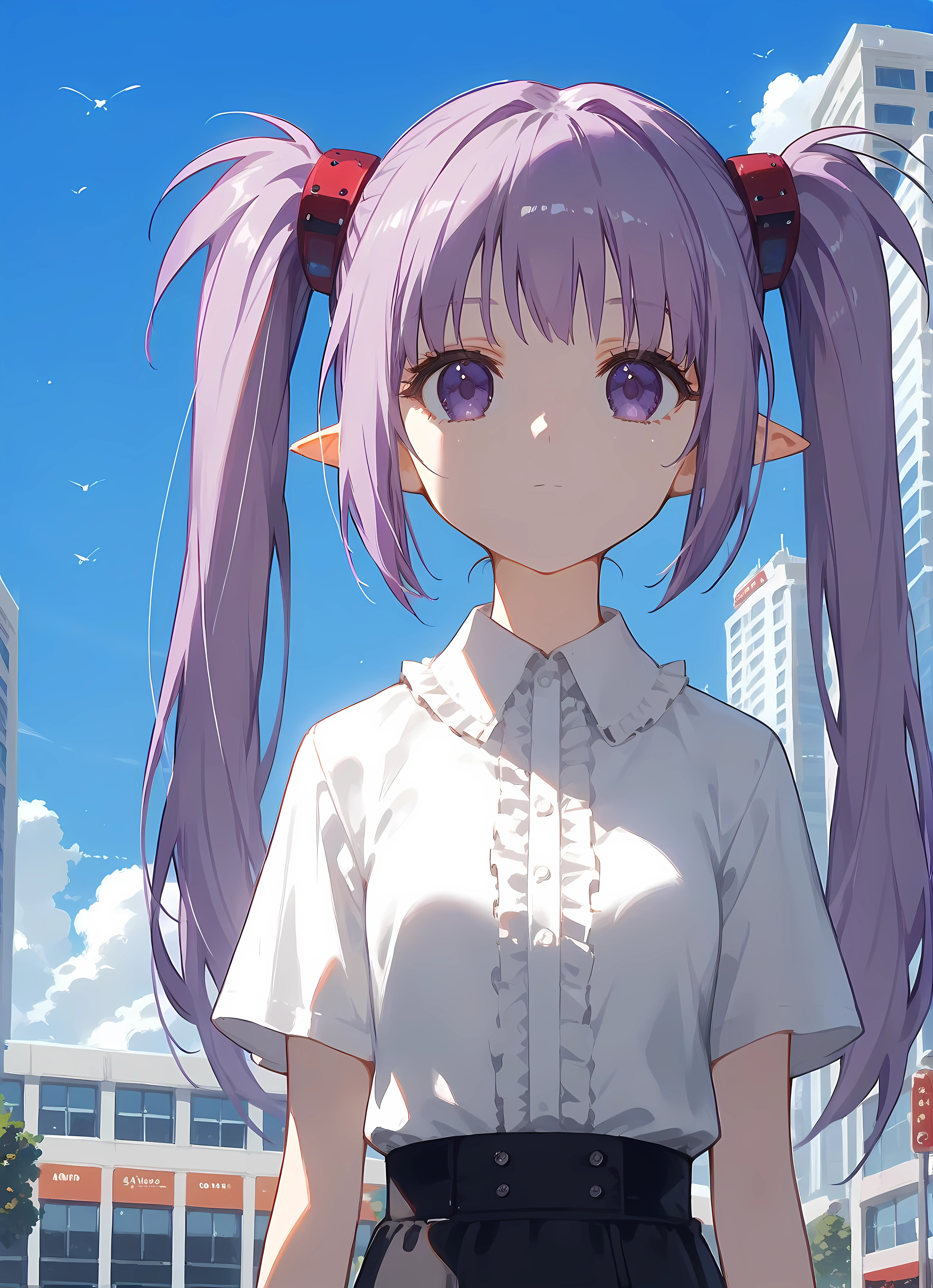 score_9,score_8_up,score_7_up,closed mouth, shiny skin, light smile,ohwx, 1girl, solo, sidelocks, twintails, long_hair, purple_eyes, purple_hair, grey_hair, empty_eyes, expressionless, pointy_ears,skirt, frills, shirt, center_frills, Pretending to run from a swarm of bees, capitol building,<lora:primula_pony_sobsynapse-000004:0.8>