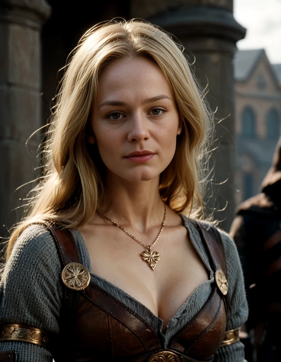 score_9_up,score_8_up,score_7_up,realistic,<lora:Éowyn:1>,eowyn,1girl,blonde hair,looking at viewer,armor,necklace,