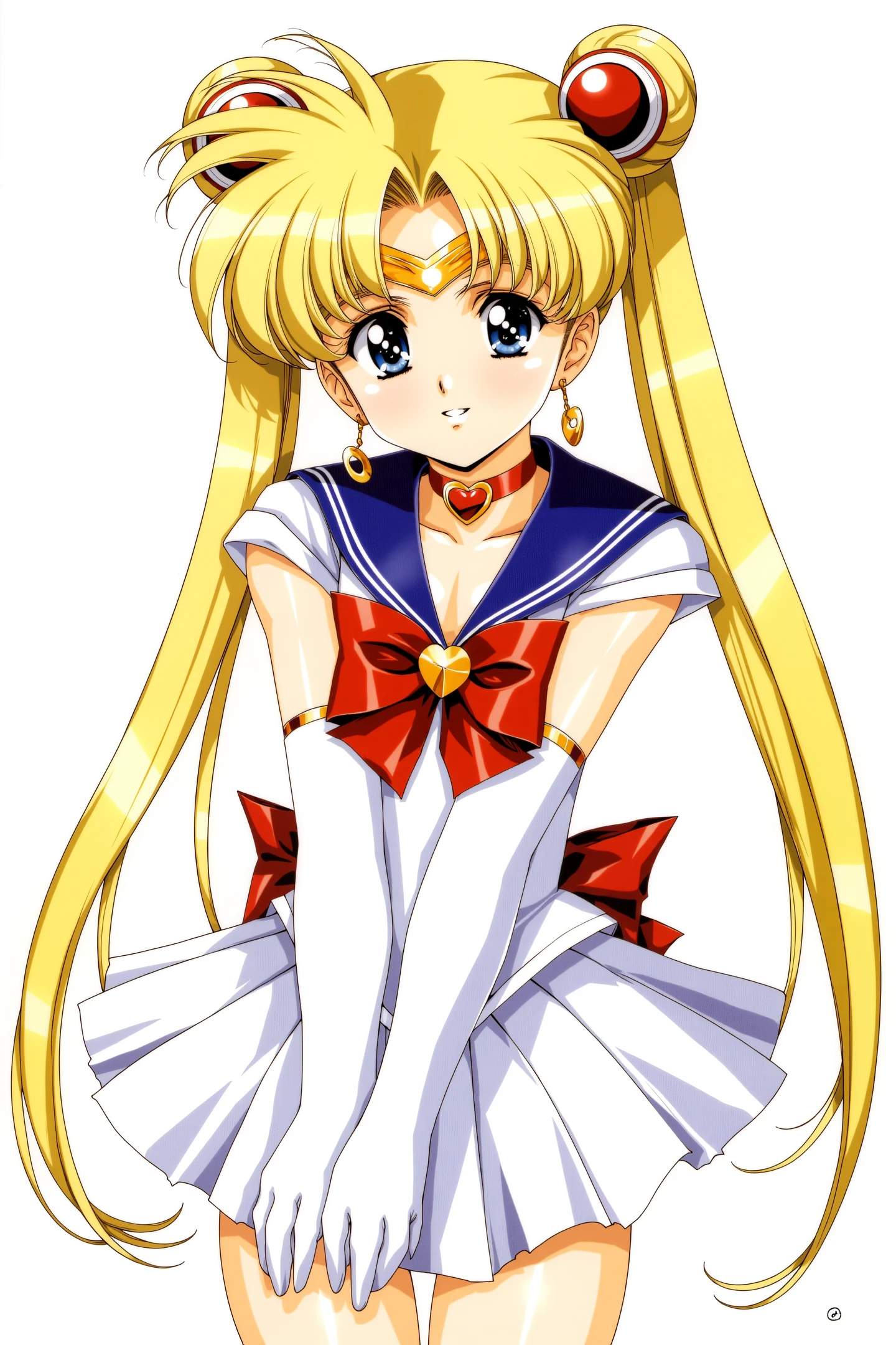 1girl,solo,gloves,long hair,tsukino usagi,white gloves,twintails,skirt,double bun,jewelry,sailor senshi uniform,blonde hair,sailor moon,hair bun,blue eyes,choker,earrings,magical girl,sailor collar,bow,looking at viewer,crescent,crescent earrings,hair ornament,smile,heart brooch,pleated skirt,collarbone,covered navel,brooch,cowboy shot,red bow,white skirt,bangs,star (symbol),sleeveless,heart,very long hair,
<lora:Urushihara Satoshi_FLUX:1>,