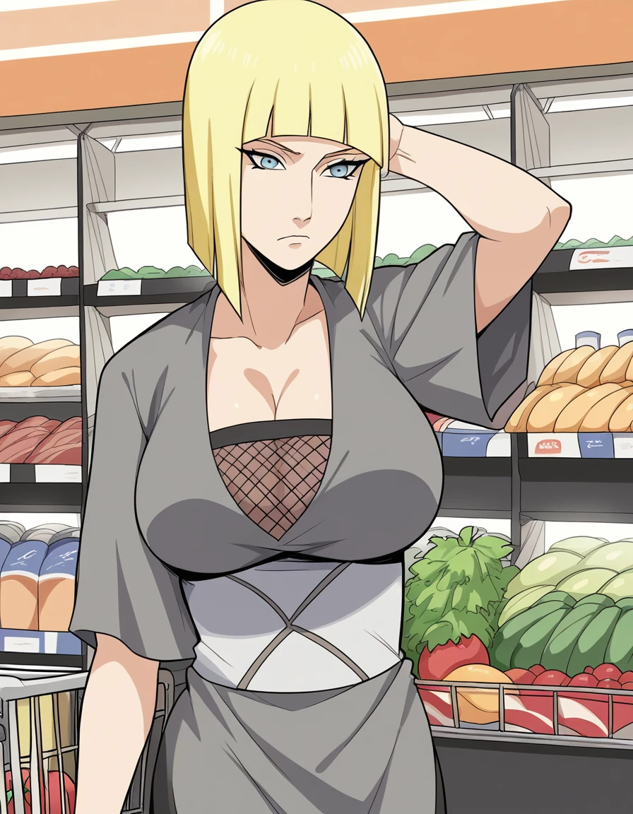 score_9, score_8_up, score_7_up, source_anime, <lora:samui-shippuden-anime-ponyxl-lora-nochekaiser:1>, samui, blue eyes, blonde hair, short hair, bangs, blunt bangs, large breasts,, cleavage, fishnets, dress, grey dress, skirt, grey skirt,, grocery store, shopping cart, picking fruits, everyday life, , , , hand behind head, solo,, cowboy shot, dutch angle