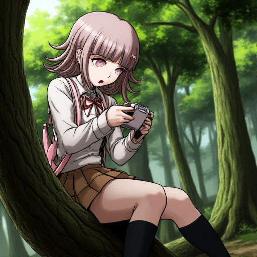 <lora:Chiaki_Nanami_flux_V2_epoch15:1.3>, Danganronpa 3, anime, danganronpa 3 anime style, Chiaki Nanami is wearing her school uniform from Danganronpa 2 and playing a handheld video game while sitting on the branch of a tree in a forest.