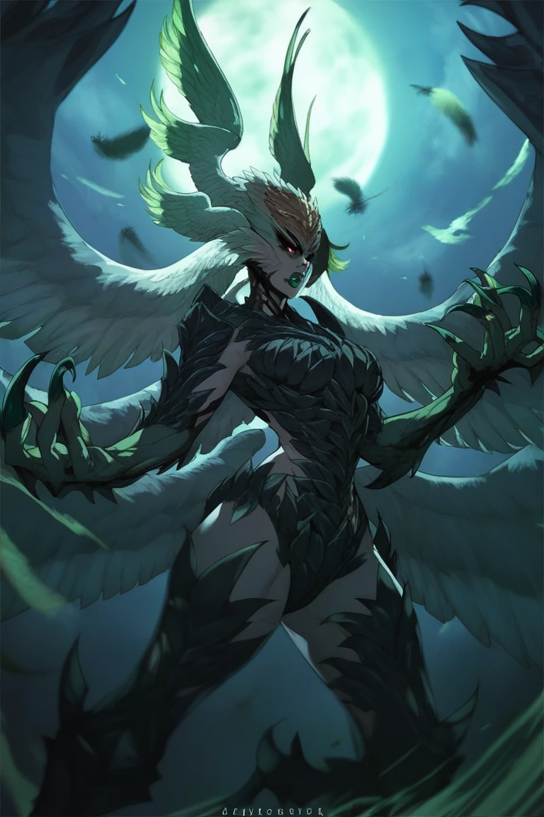 score_9, score_8_up, score_7_up,, Garuda, head wings, monster girl, female, green lips, black feathers,large wings, fingernails, multiple wings, feathered wings, black body, yellow eyes, claws, feathers, armor