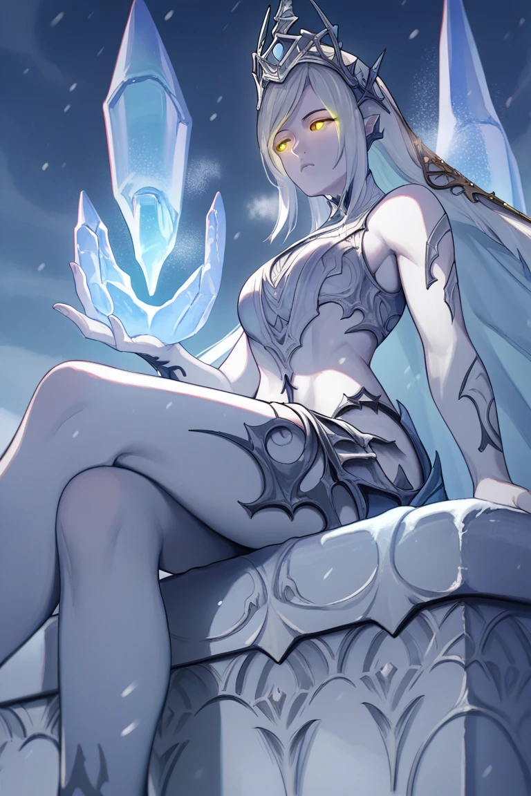 score_9, score_8_up, score_7_up,source_anime, 1girl, white skin, shivaFinalFantasy, GLOWING EYES, CROWn, solo, ice, snowing, snow, from below, yellow eyes, medium breasts, sitting, looking to the side, outdoors, ice throne, half-closed eyes