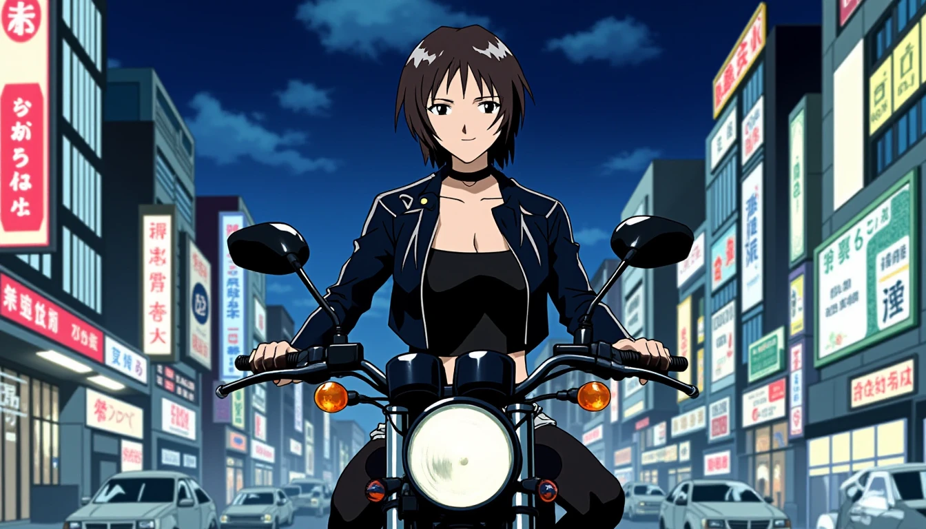 A detailed portrait of yui ikari. A mature beautiful female scientist.  
Anime style, sharp, high contrast and highly detailed. Ghibli anime style. Perfect anatomy. Perfect body ratio. No oversized head. No blurry, out of focus pictures. No simple background, no single color background.
She is sitting on a black motorcycle. She wears leather jacket, a choker, short skirt and black stockings. She looks haughty. Tokyo city nightscape in the background.
 <lora:Ikari Yui - Flux prototype_epoch_3:1>