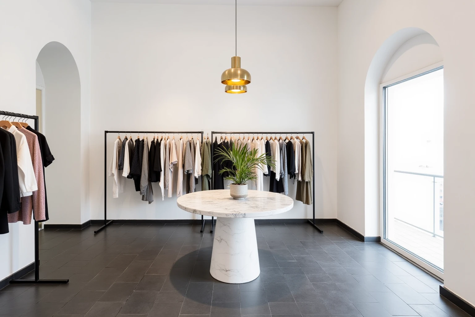 fashion cloths,the interior of a clothing store. The store has a modern and minimalist design with white walls and a large arched window on the right side. The floor is made of dark grey tiles. In the center of the room, there is a round marble table with a potted plant on top. Above the table, there are two gold pendant lights hanging from the ceiling. On the left side of the image, there has a rack of clothes hanging on a black metal rack. The clothes are neatly arranged on the rack and appear to be of different styles and colors. The overall aesthetic of the store is minimal and contemporary.