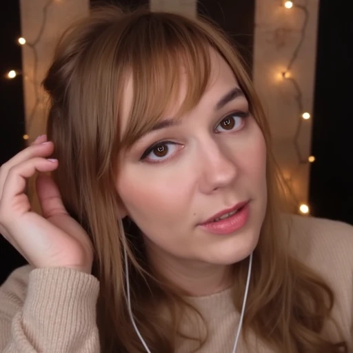 a woman with earphones on holding a microphone to her head and looking at the camera with a serious look on her face