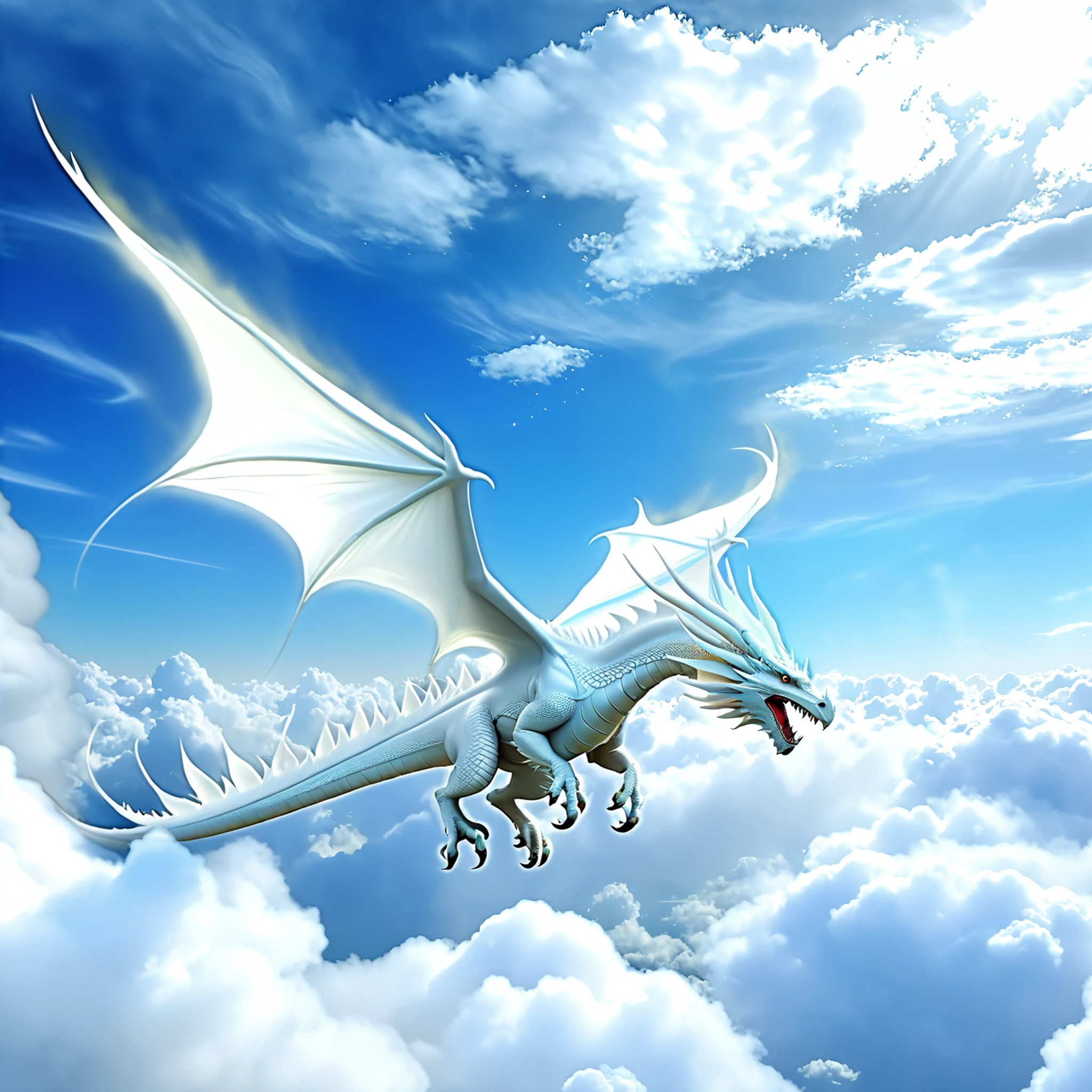 a winged white dragon flying through the air, clouds, <lora:epaer:0.5>, elementalplaneair, best quality, masterpiece, 4k, uncensored, prefect lighting, rating_explicit, very aesthetic, detailed, <lora:add_details_xl:0.6>, very detailed, <lora:SDXLHighDetail_v5:0.6>