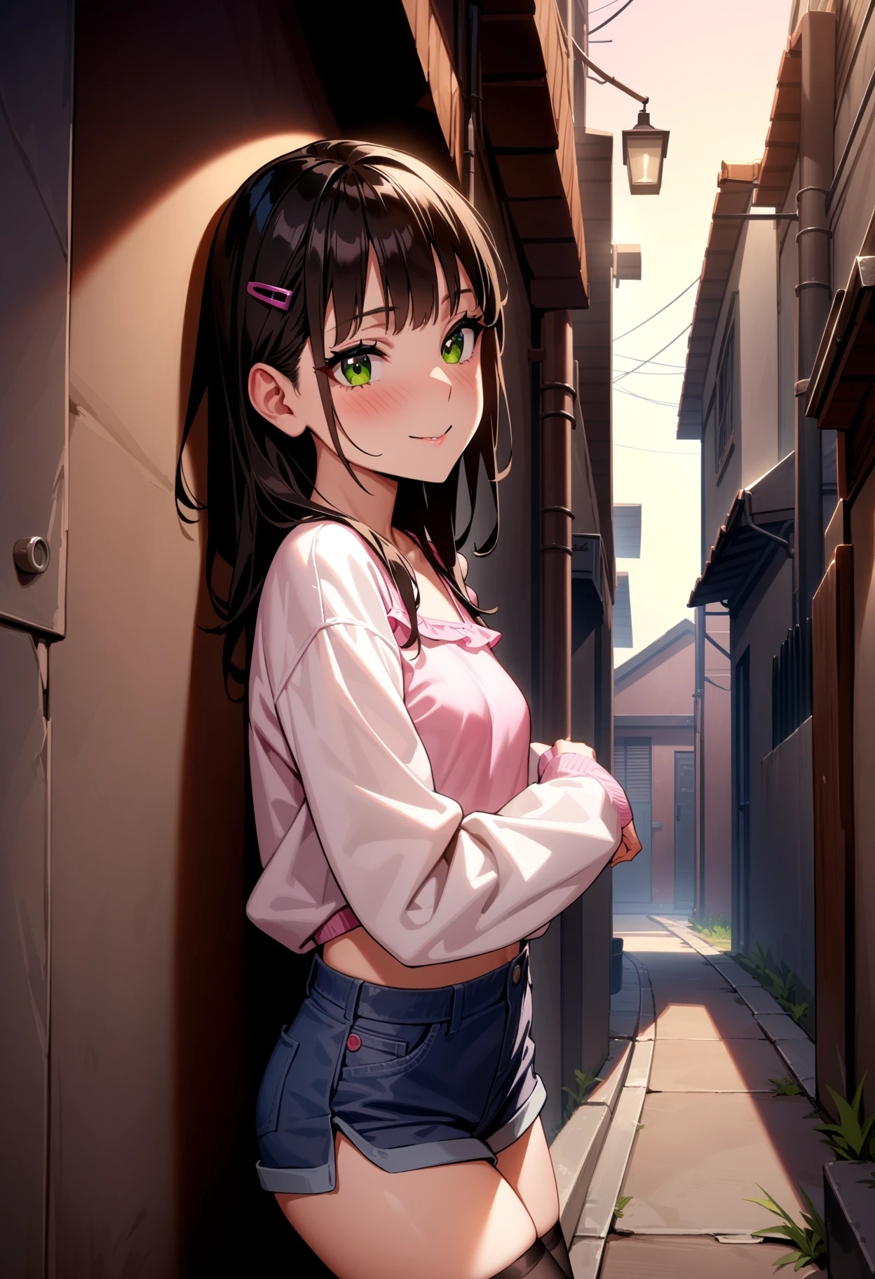 masterpiece,best quality,very aesthetic,absurdres,
1girl,solo,
<lora:Shoujo_v1:1>,shoujo01,long -sleeved blouse,shorts,hairclip,black_thighhighs,sneakers,<lora:Fixhands_anime_bdsqlsz_V1:1>,
back alley,cowboy_shot,kind_smile,blush,light_blush,, masterpiece,best quality, very aesthetic, absurdres, ultra detailed, high resolution, 4k, extremely detailed CG,