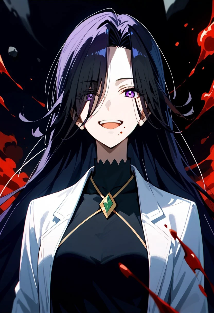 score_9,score_8_up,score_7_up,source_anime, aurora (kage no jitsuryokusha ni naritakute!),1girl,long hair,looking at viewer,smile,open mouth,black hair,purple eyes,solo focus,mole,hair over one eye,blood,black background,mole under mouth,