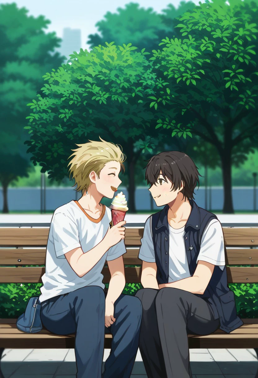 score_9, score_8_up, score_7_up, source_anime, rating_safe, eating ice cream, AlexDG, blonde_Alex_hair slicked back, NatsuoDG, black_Natsuo_male hair, [[green_Natsuo_eyes]], jacket, gay couple focus, 1boy, 1androgynous, casual clothes, best friends, sitting, blurry outdoor park, bench, sweet-cute wallpaper, happy-cheery,