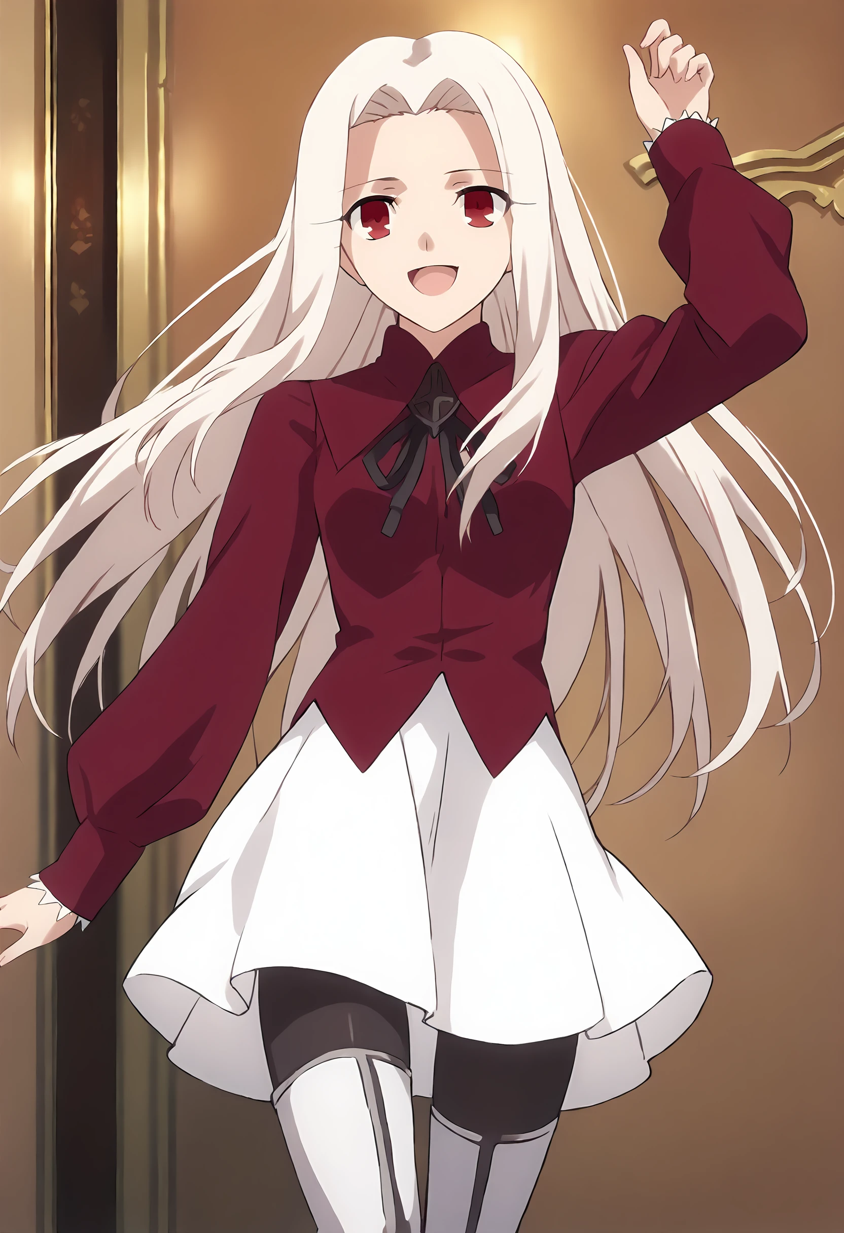 score_9, score_8_up, score_7_up, source_anime ,  <lora:Irisviel von Einzbern pony2:1>, irisviel von einzbern, white skirt, red shirt, shirt, long sleeves, 1girl, solo, long hair, red eyes, white hair, thigh boots, pantyhose, thighhighs, skirt, boots, open mouth, smile