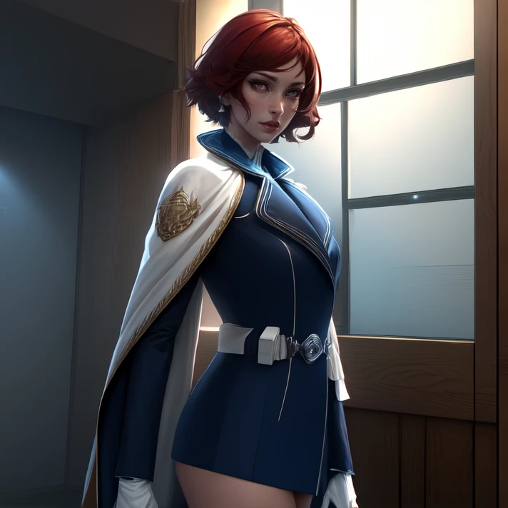 solo, cowboy shot, <lora:himenoAkatsuki:0.8>, himeno_akatsuki, red hair, short hair, red eyes, high collar, military, uniform, military uniform, long sleeves, blue uniform, cape, white cape, parted cape, gloves, white gloves, bare thighs, thigh strap, indoors, standing, side profile, from side, masterpiece, best quality, absurdres, highres, 4k, ray tracing, perfect face, perfect eyes, intricate details, highly detailed