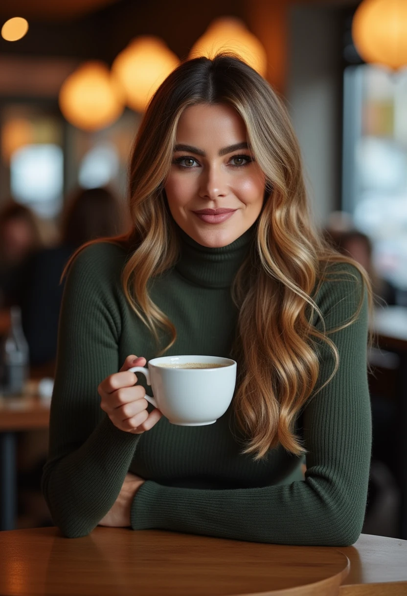 <lora:Sofia_Vergara_Flux:1>, realistic photo of sofiavergara, breasts, wearing a turtleneck fitted sweater dress in a cafe having a coffee. looking at the viewer, smiling