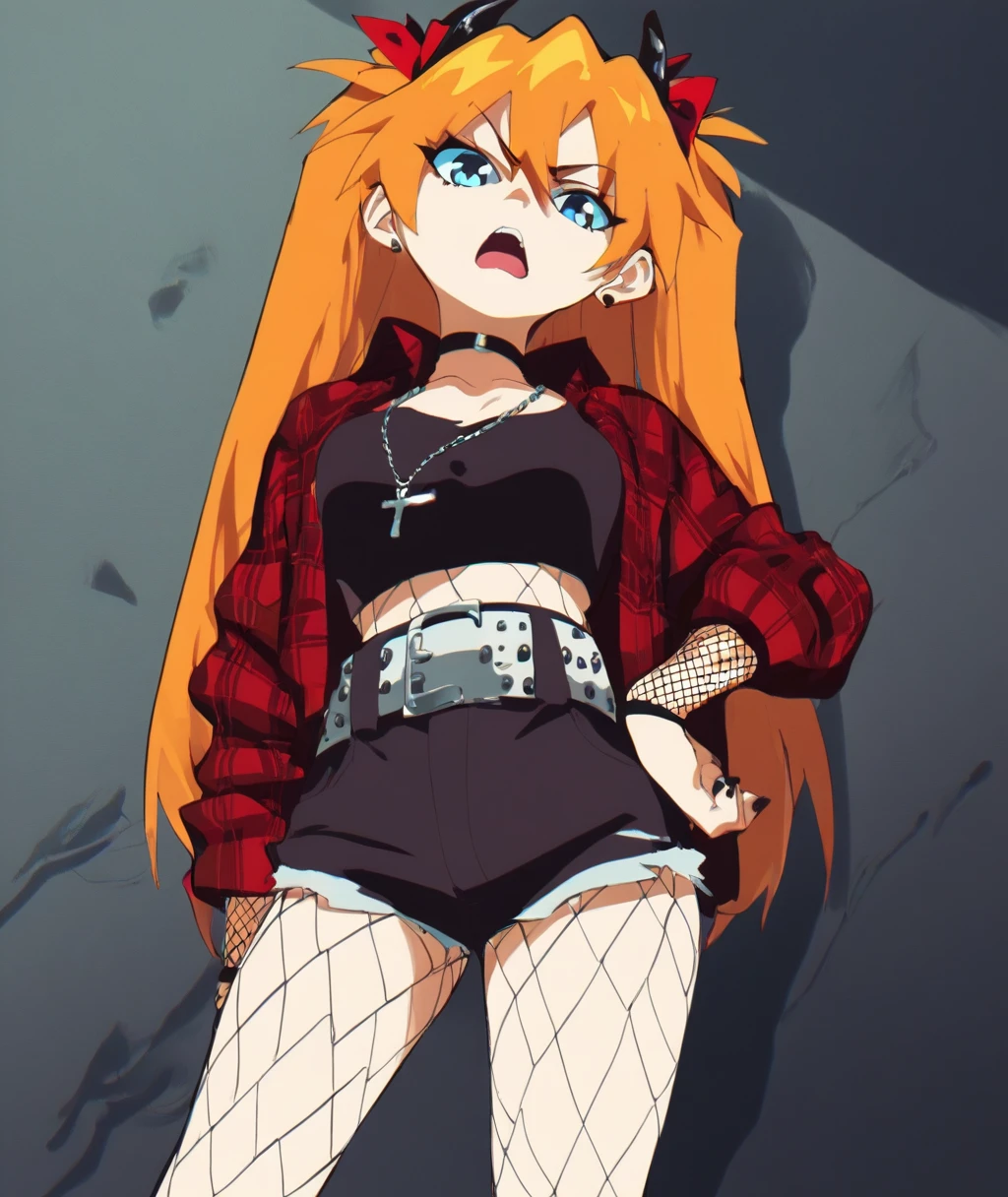 score_9, score_8_up. score_7_up, <lora:aetherion:1> aetherion,  score_9, aetherion, 1girl, fishnets, souryuu asuka langley, blue eyes, fishnet pantyhose, jewelry, black shorts, open mouth, midriff, long hair, orange hair, black choker, ear piercing, black belt, cross necklace, hand on own hip, looking at viewer, plaid shirt, earrings, hair between eyes, plaid jacket, horns, black nails, long sleeves, short shorts, teeth, open clothes, crop top