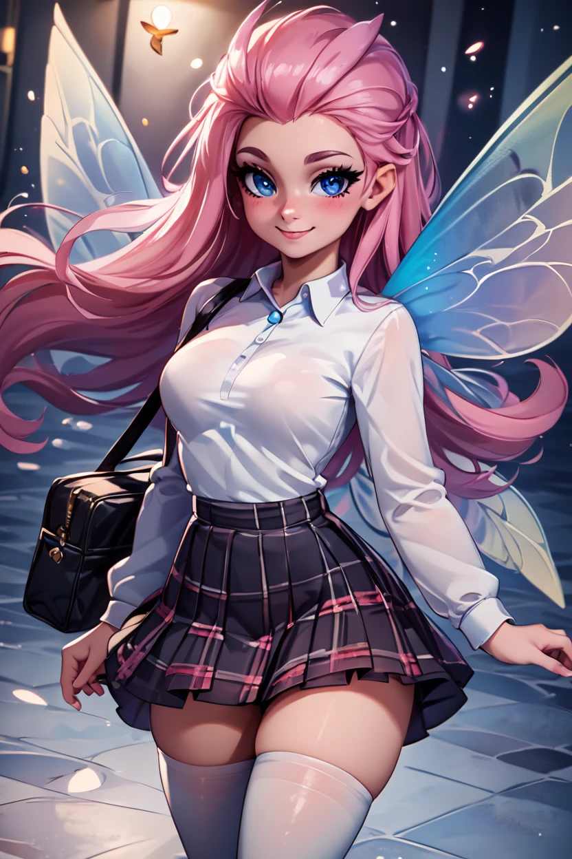 score_9, score_8_up, score_8, medium breasts, (curvy), cute, eyelashes,       BREAK, , zzTasi, blue eyes, pink hair, long hair, fairy wings, dress, thighhighs,   <lora:TasiAFK_PDXL_v2:0.7>,   , BREAK, closed mouth, alternate costume, smile, looking at viewer, collared shirt, blush, sweater, black skirt, eyelashes, long sleeves, sleeves past wrists, plaid skirt, shoulder bag, black bag, blurry, tile floor, pleated skirt, white shirt, cowboy shot,  embedding:zPDXL, Expressiveh,  <lora:Vivid:0.7>,  <lora:Uncensored_PonyXL_cpt_v02.09:0.4>,  <lora:Expressive_H-000001:0.4>,