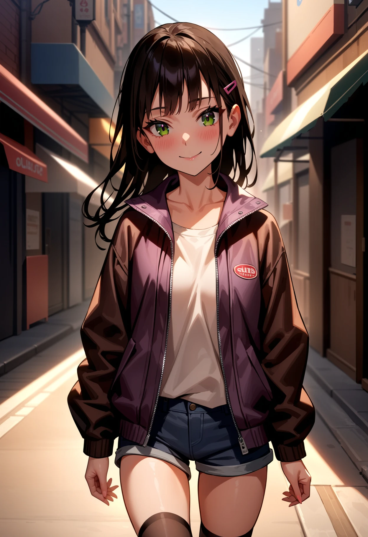 masterpiece,best quality,very aesthetic,absurdres,
1girl,solo,
<lora:Shoujo_v1:1>,shoujo01,long sleeves,jacket,shorts,hairclip,black_thighhighs,sneakers,<lora:Fixhands_anime_bdsqlsz_V1:1>,
cowboy_shot,blush,light_blush,looking_at_viewer,walking,city,downtown,day,smile,, masterpiece,best quality, very aesthetic, absurdres, ultra detailed, high resolution, 4k, extremely detailed CG,