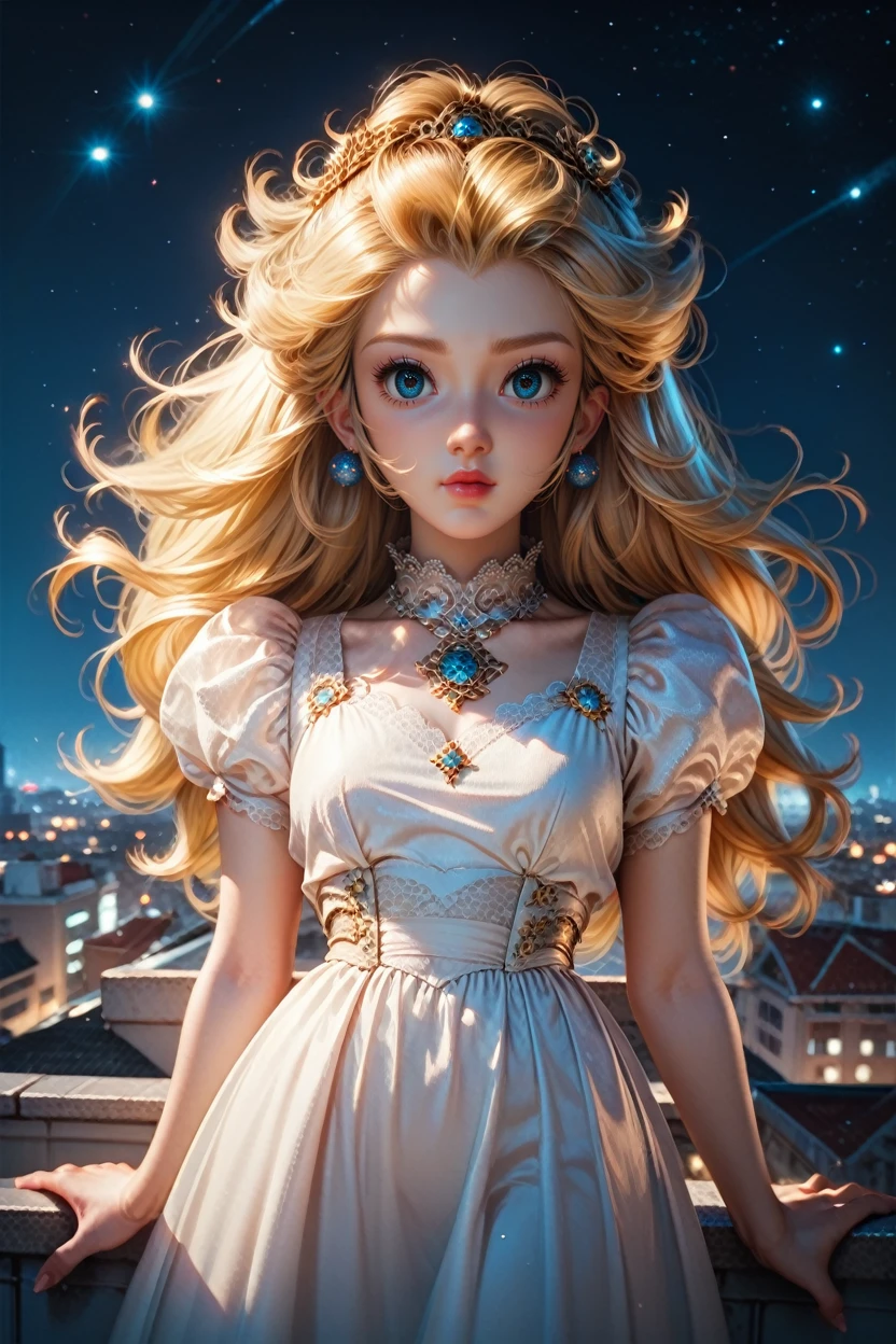 score_9, score_8_up, score_7_up, score_6_up
<lora:MPPeach:1.0>
MPPeach, 1girl, blonde hair, long hair, blue eyes, looking at viewer, standing on a rooftop at night, city lights twinkling below, wind gently blowing hair, starry sky above, mysterious and enchanting ambiance