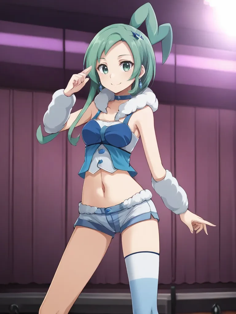 list、Green Hair.There is a blue gradient、Long Hair、Asymmetrical Hair、Side Lock、hair ornaments、Green eyes with a blue gradient、Earrings、Light Blue Bra、light blue panty、Big Breasts、cleavage、girl with big breasts、(Knee socks:1.4)、Striped、boots、Game Girls、solo、bra with an light blue、panty with an light blue、Upper Body、In-person audience、bra and panty only、View your viewers、Are standing、smile、