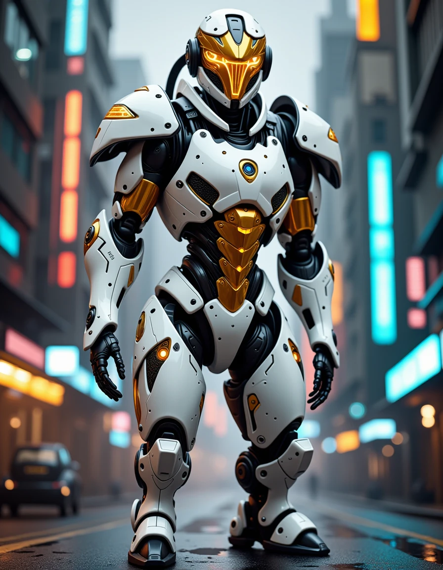 scifi robot,This sleek, white-and-gold robot stands upright, its angular armor glinting under the lights of a futuristic cityscape. From behind, its tall frame shows a complex array of power conduits and thrusters, giving it the ability to fly through the air with ease. A close-up reveals its humanoid face, with sharp features and glowing eyes, exuding both beauty and power. It patrols the streets of a neon-lit metropolis, the faint hum of its energy systems lost in the noise of flying cars and bustling life, highly detailed, eerie, gritty