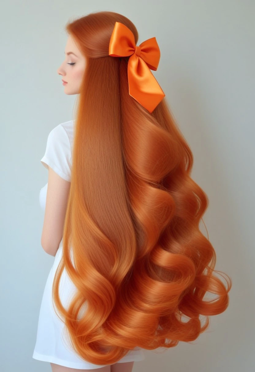 realistic photo, shiny hair, neat hair, vibrant hair, extremely long hair, massive hair, silky hair, neat hair, side view, intricate hair, hair bow, wavy hair, ginger hair