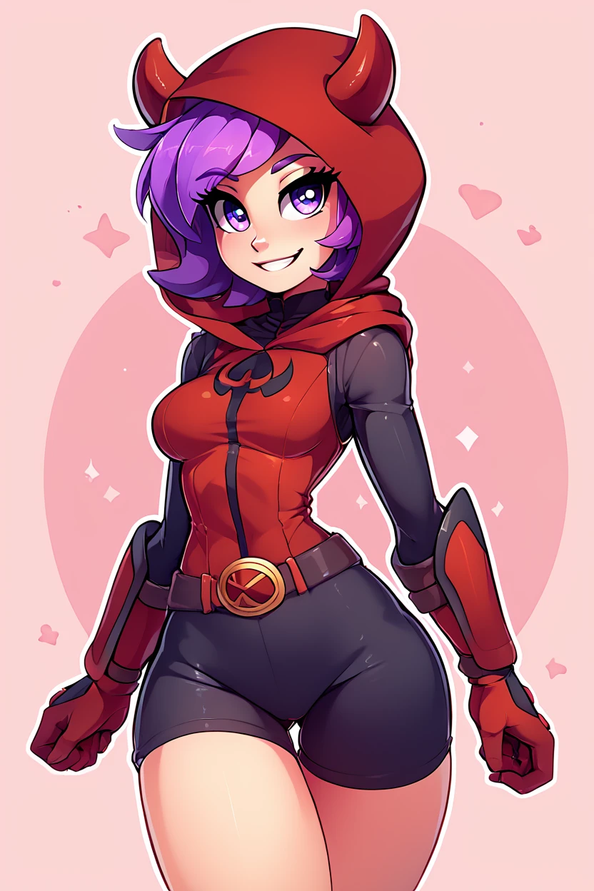 score_9, score_8_up, score_8, medium breasts, (curvy), cute, eyelashes,       BREAK, , zzCourtney, purple hair, short hair, purple eyes, red hood, fake horns, gloves, team magma uniform, <lora:Courtney_Pokemon_PDXL_Citron:0.8>, , BREAK, smile, looking at viewer,  abstract background, white outline, cowboy shot, embedding:zPDXL, Expressiveh, <lora:theOtherHalfPDXL:0.8>,  <lora:CatalystStylePDXL:0.6>,  <lora:SDXLFaeTastic2400:0.5>,  <lora:Expressive_H-000001:0.4>,