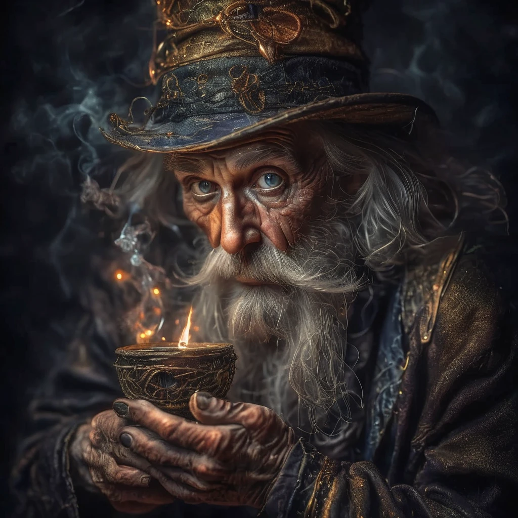 visiosomni professional studio portrait, close-up of old magician, dark background, high details<lora:visiosomni:1>