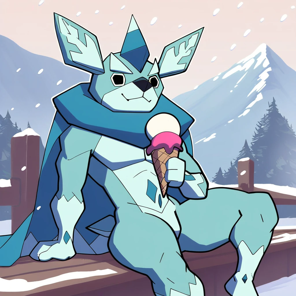 score_9, score_8_up, score_8, furry, Garioji, dog, yokai, light blue fur, blue cape, cartoon style, 2d, skinny male, pecs, thick thighs, wide hips, solo, nude, featureless crotch, sitting, holding ice cream cone, smile, snowing, sitting on mountain, blizzard, mountain range in the background