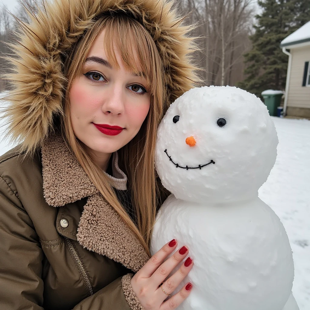 A photo of a woman. The photo includes her entire body. She is wearing red lipstick. She has bold black eyeliner. She has smoky eyeshadow. She has a slight grin. She is looking directly into the camera. She has a natural skin texture. The skin is very detailed including skin pores. She has red nail polish. 
She is wearing a large winter coat with the hood up. She is standing next to a snowman made of snow. She is diffusely lit.