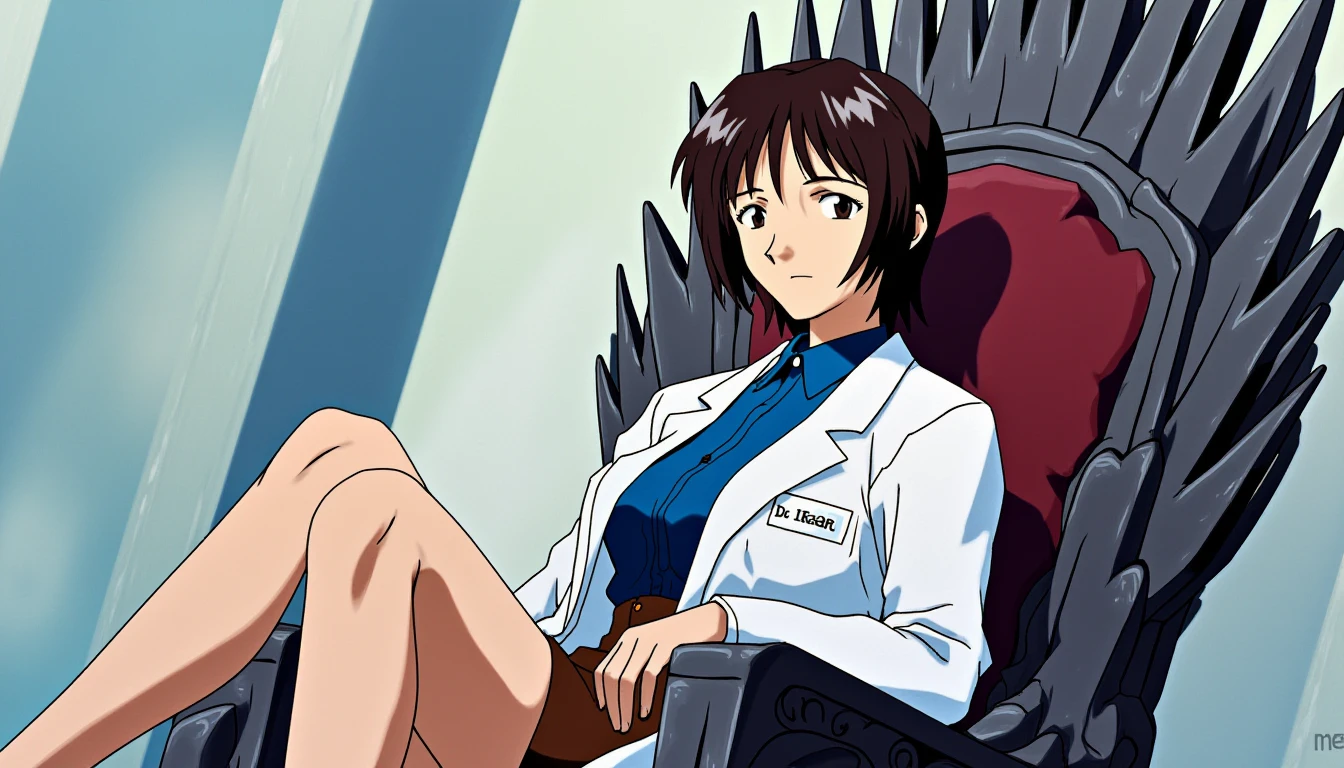 A detailed portrait of yui ikari. A mature beautiful female scientist.  
Anime style, sharp, high contrast and highly detailed. Ghibli anime style. Perfect anatomy. Perfect body ratio. No oversized head. No blurry, out of focus pictures. No simple background, no single color background.
She wears a labcoat, a shirt and a fitted tapered skirt. On her labcoat there is a name tag that reads "Dr. Ikari". She is sitting on the iron throne from Game of Thrones, one leg over another. She has a beautiful and haughty look.
 <lora:Ikari Yui - Flux prototype_epoch_3:1>