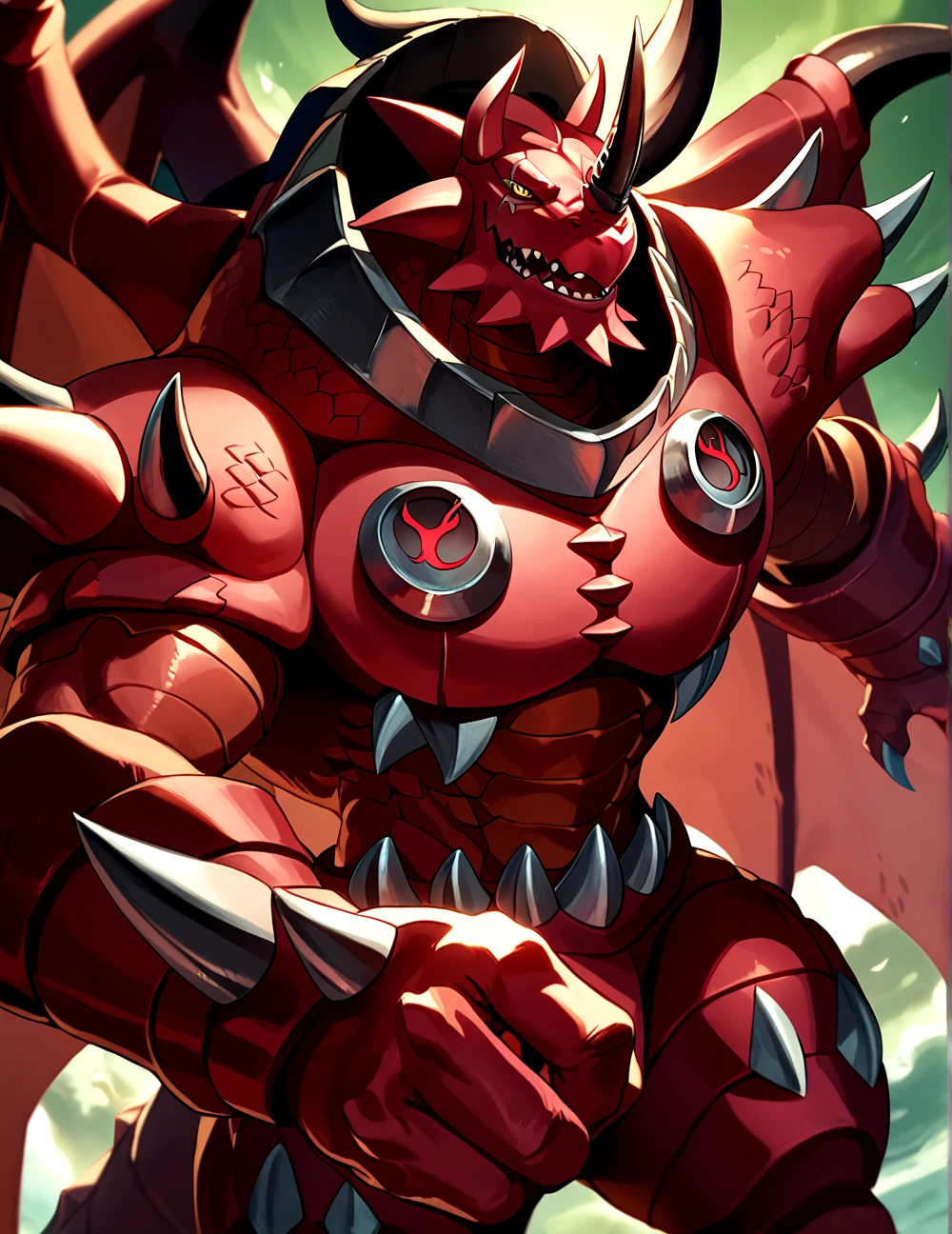 score_9, score_8_up, score_7_up,
<lora:Dorbickmon_(Digimon)_(Pony)_(AD):1> Dorbickmon, Digimon, muscular, crimson red skin, dragon, yellow eyes, colored sclera, horns, spikes, 
8K, In'ei, chiaroscuro, depth of field, rim lighting, clear_eyes,
perfect hands, perfect proportions, peak physical perfection, perfect male physique, powerful muscular body, impressive physique, thick arms, thick legs, large shoulders, wide thick chest,
dynamic action pose, detailed anime background, detailed photographic fluffy anime clouds, perfect hands, masterclass anime, alluring gaze, dynamic lighting, photographic realism, 
BREAK zPDXL, zPDXLxxx,