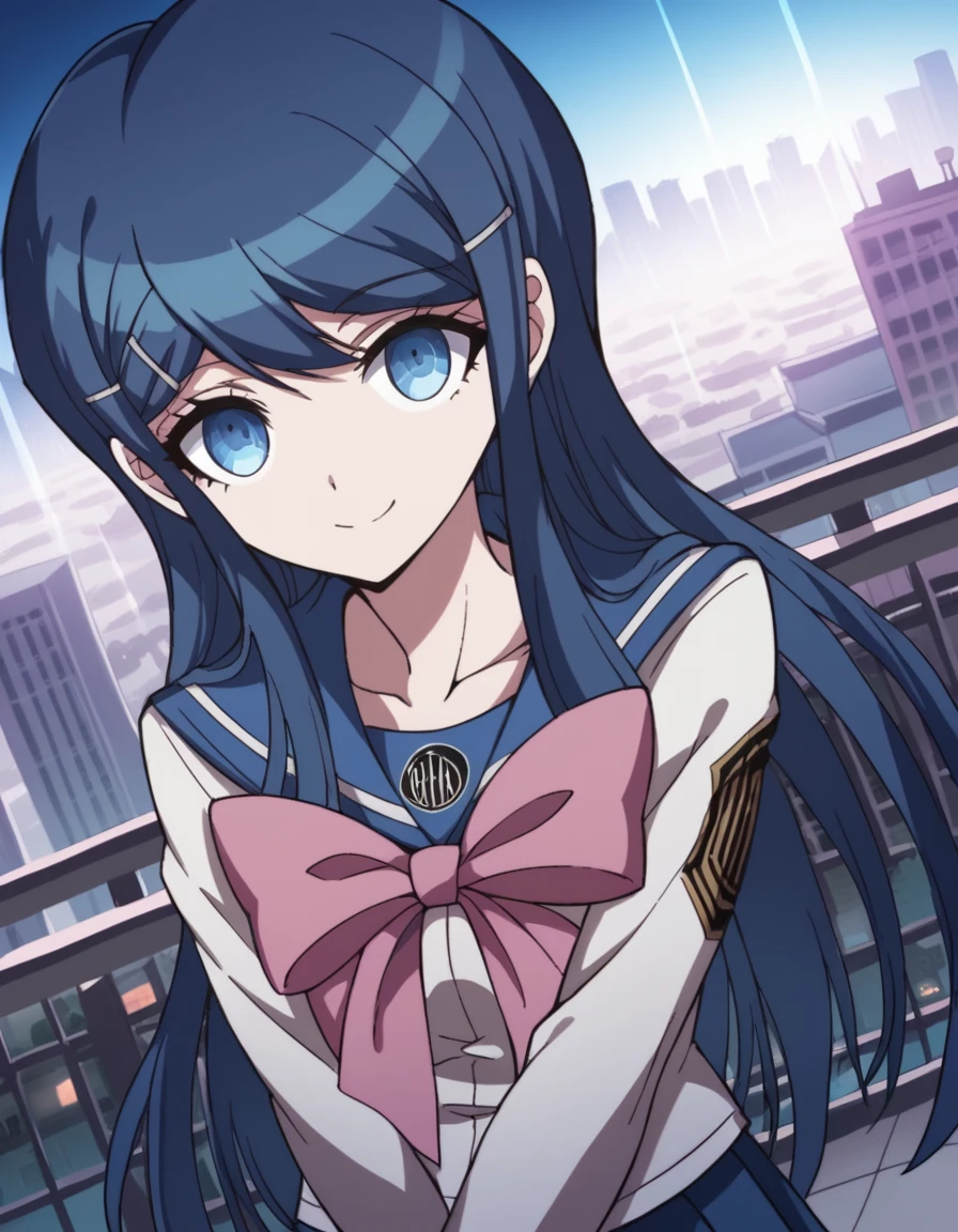 score_9, score_8_up, score_7_up, source_anime, <lora:sayaka-maizono-s1-ponyxl-lora-nochekaiser:1>, sayaka maizono, long hair, bangs, blue eyes, hair ornament, blue hair, hairclip,, long sleeves, bow, school uniform, collarbone, serafuku, bowtie, sailor collar, pink bow,, city skyline, rooftop view, night time, city lights, quiet reflection, smile, , arm wrapped around someone, solo,, cowboy shot, dutch angle
