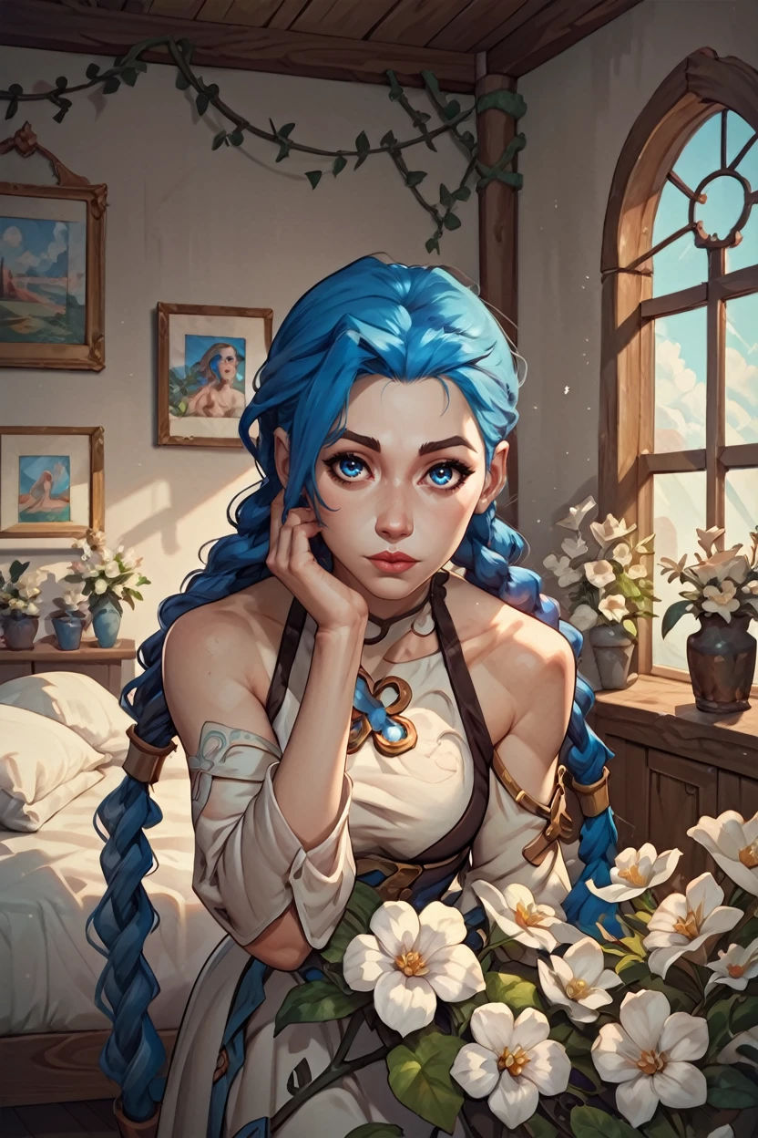 score_9, score_8_up, score_7_up, score_6_up
<lora:AJinx:0.8>
AJinx, 1girl, blue hair, twin braids, blue eyes, long hair, looking at viewer, indoors, overgrowned, bedroom, flowers, white flowers, vines