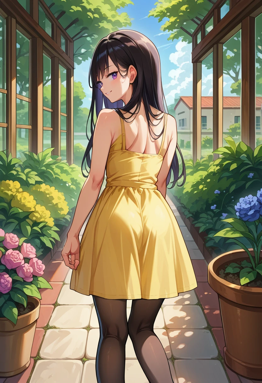 score_9, score_8_up, source_anime, 1girl, solo, Tights-chan, long hair, from behind, yellow sundress, garden, day, sunshine, smile, looking back, <lora:ChamTightsChanPonyXL:1>