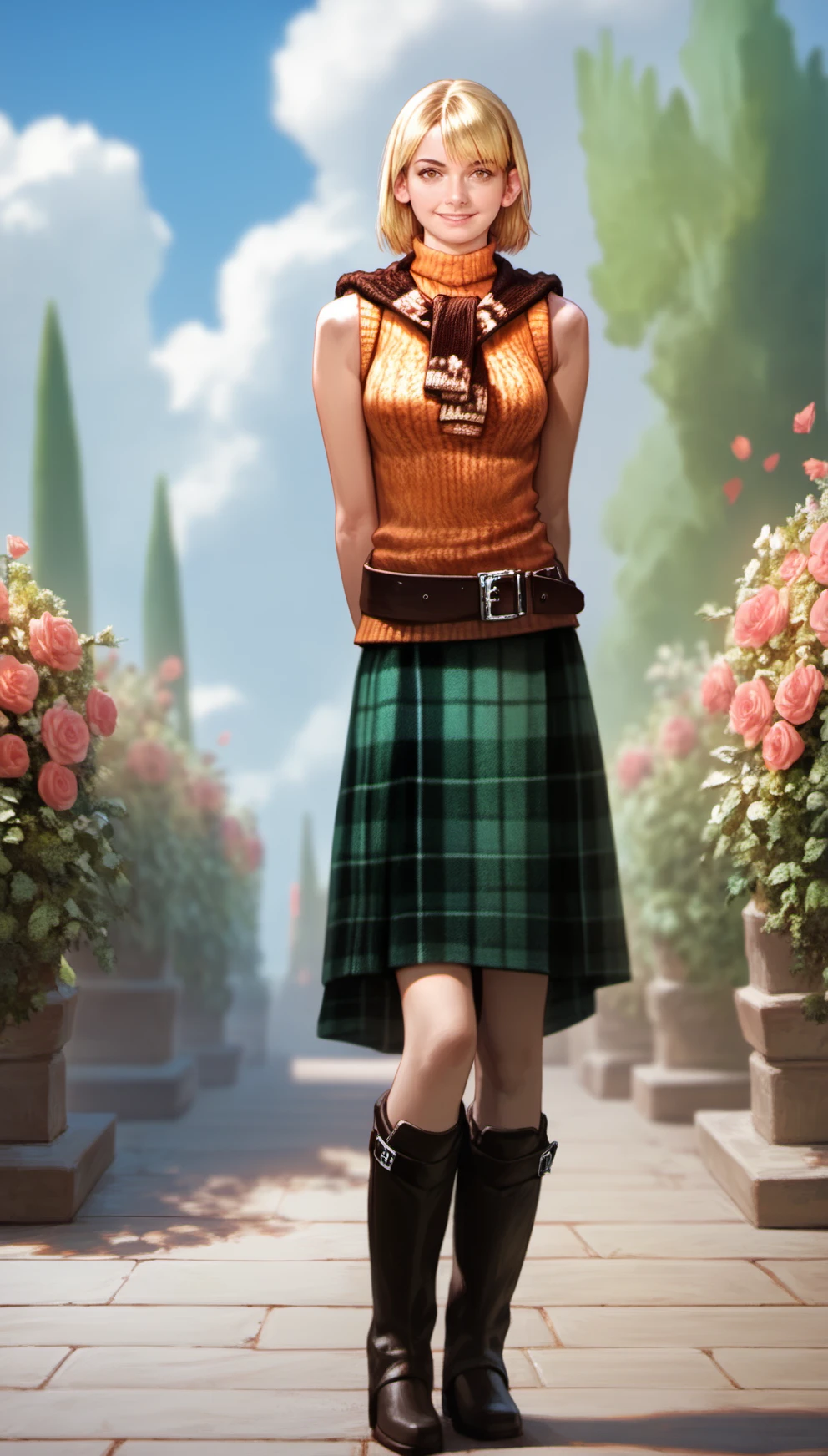 score_9,score_8_up,score_7_up,
<lora:ashleygraham:0.9>,
ashleygraham,
photorealism,
1girl,solo,blonde hair,bob cut,bangs,
golden eyes,looking at viewer,smile,
orange turtleneck,sleeveless,brown sweater over shoulder,
green plaid skirt,brown belt,black high boots,
full body,arms behind back,standing,from above,
outdoors,blue sky,cloud,elegant mansion with a beautiful garden and courtyard,vignetting,blurry background,