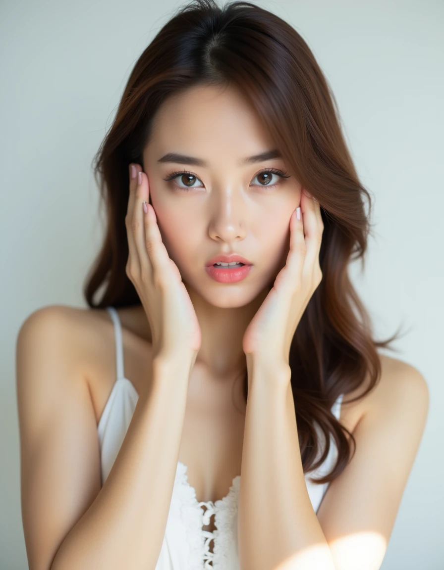 best quality, masterpiece, raw photo of a female in white dress, close up face, brown hair, fashion accessories, looking at viewer, indoor, day time, professional photo, high contrast exposure, soft bokeh, high key light, hard shadow, soft bokeh, simple background, white background, lips sneeze to viewer,